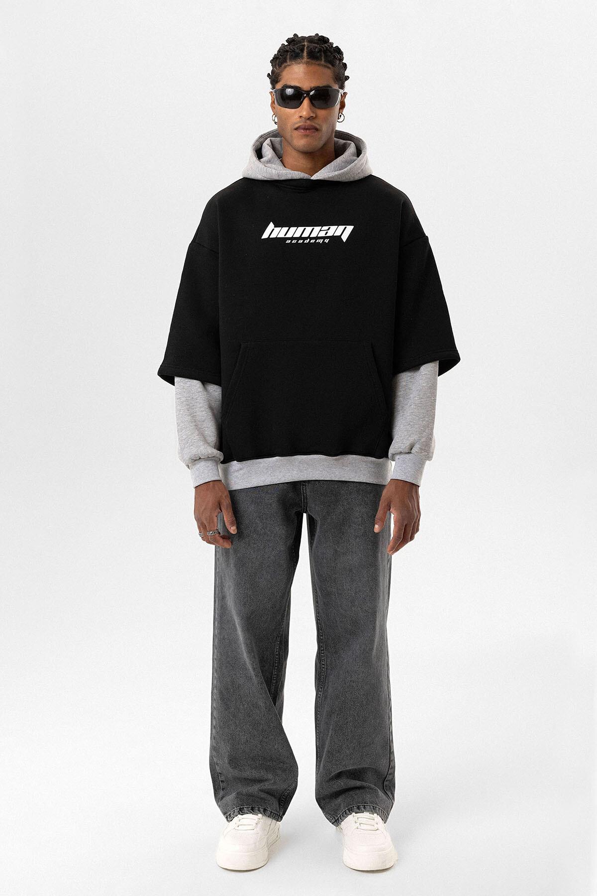 Baskılı Çift Kol Detaylı Oversize Sweatshirt Siyah