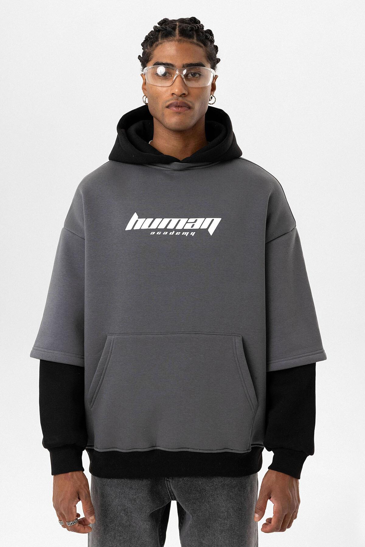 Baskılı Çift Kol Detaylı Oversize Sweatshirt Füme