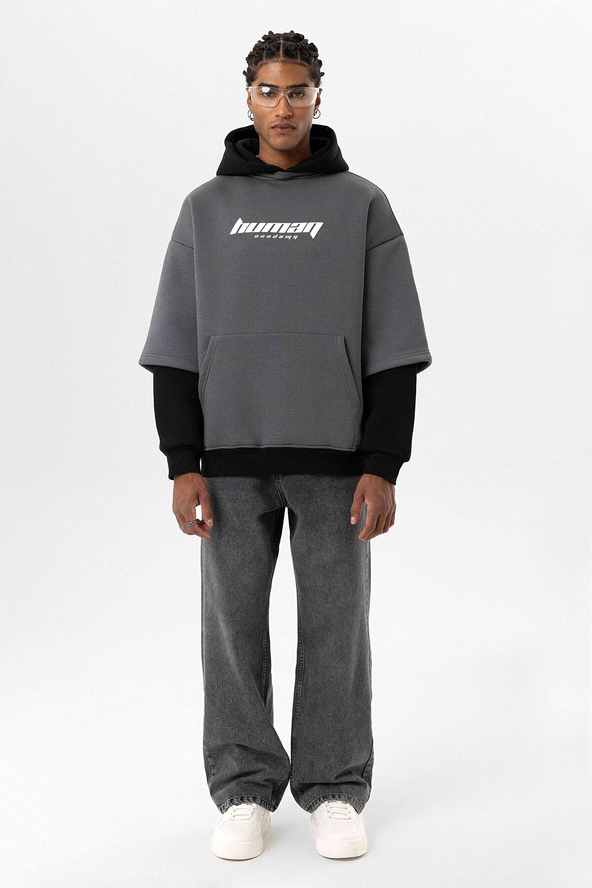 Baskılı Çift Kol Detaylı Oversize Sweatshirt Füme