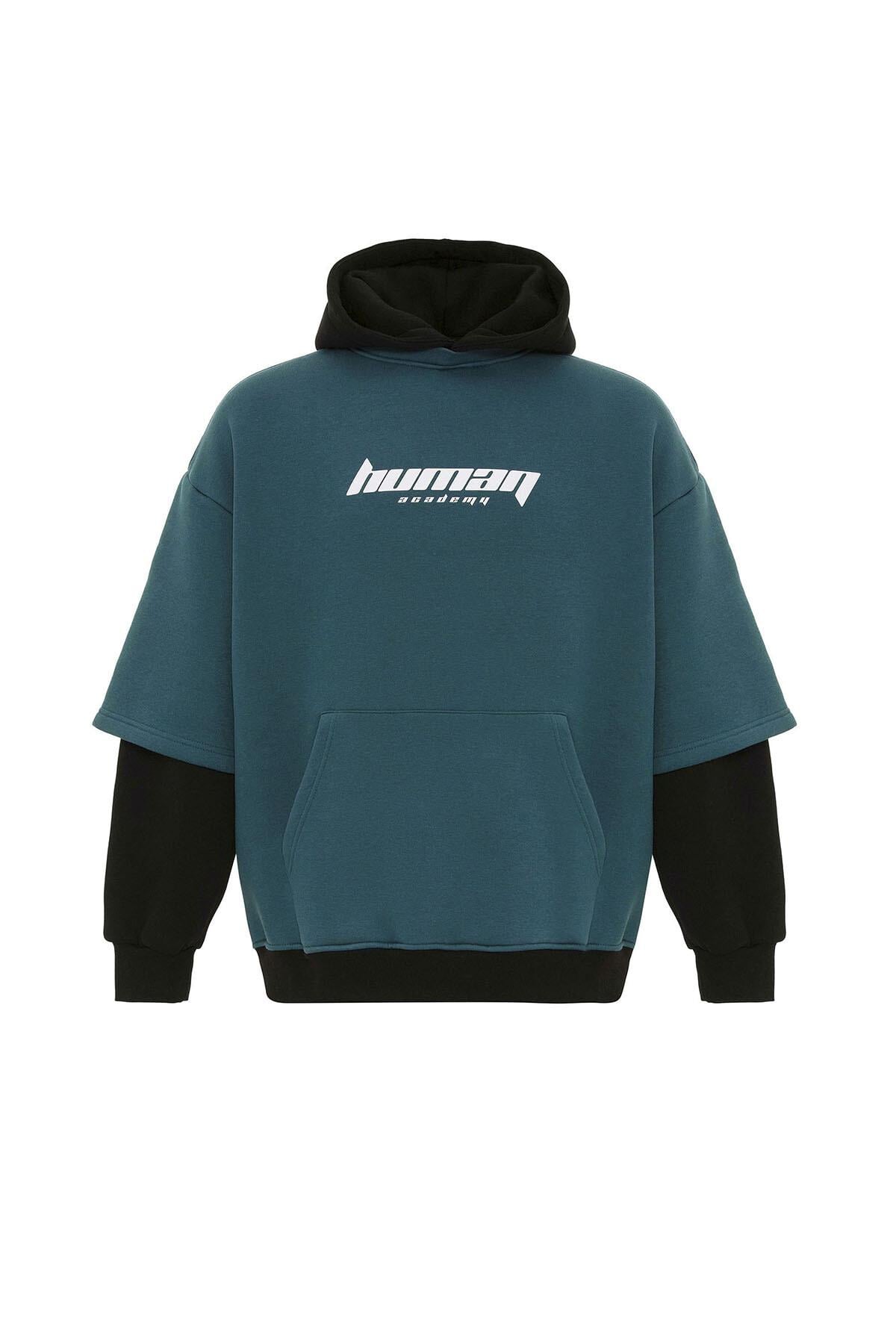 Baskılı Çift Kol Detaylı Oversize Sweatshirt Petrol