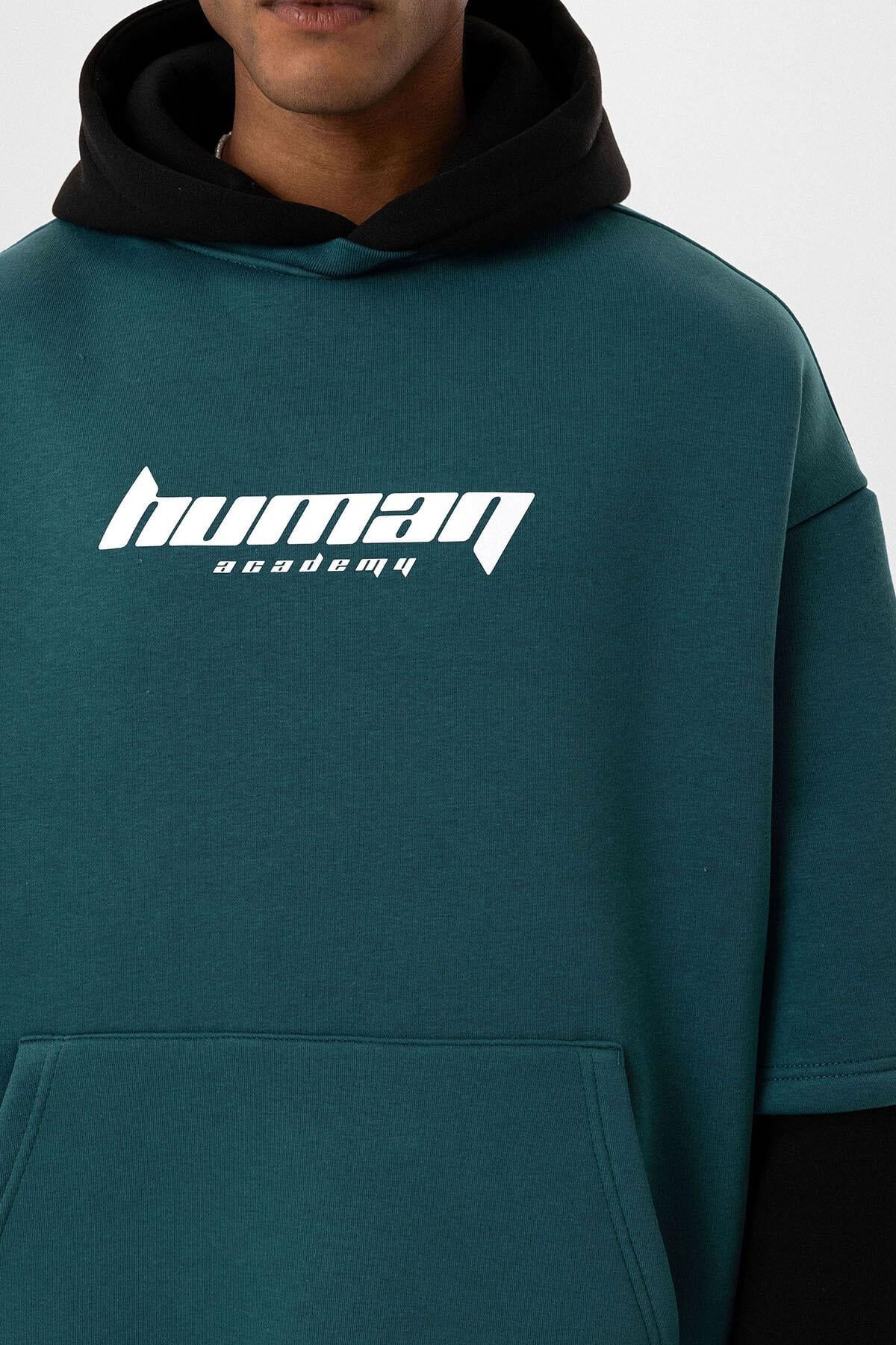 Baskılı Çift Kol Detaylı Oversize Sweatshirt Petrol