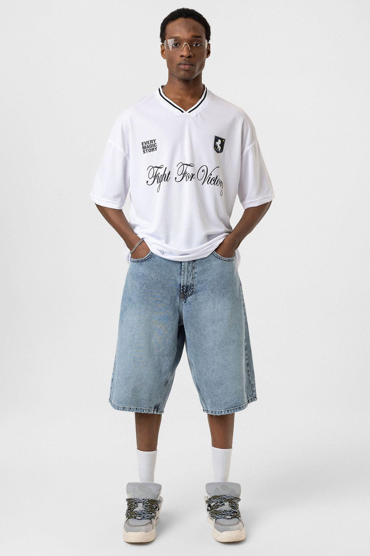 Baskılı Oversize Forma Tişört Beyaz