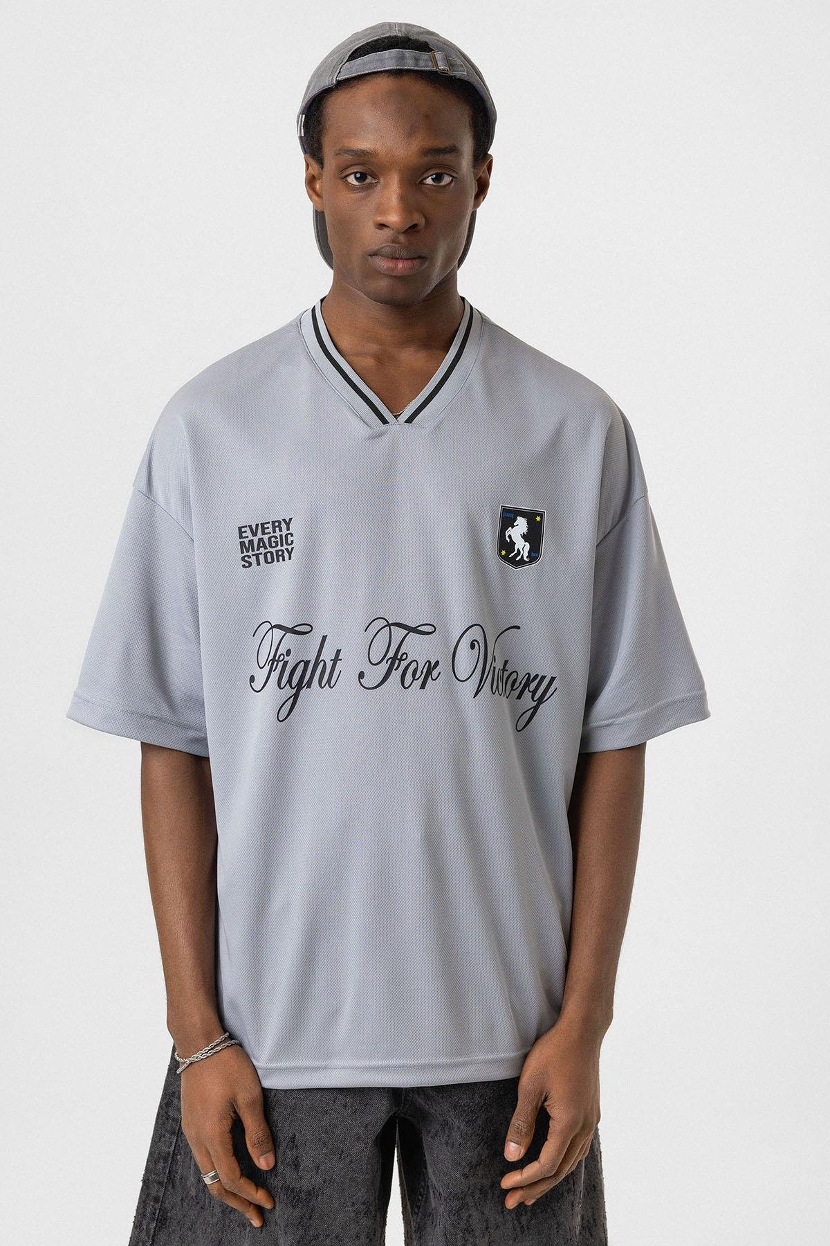 Baskılı Oversize Forma Tişört Gri