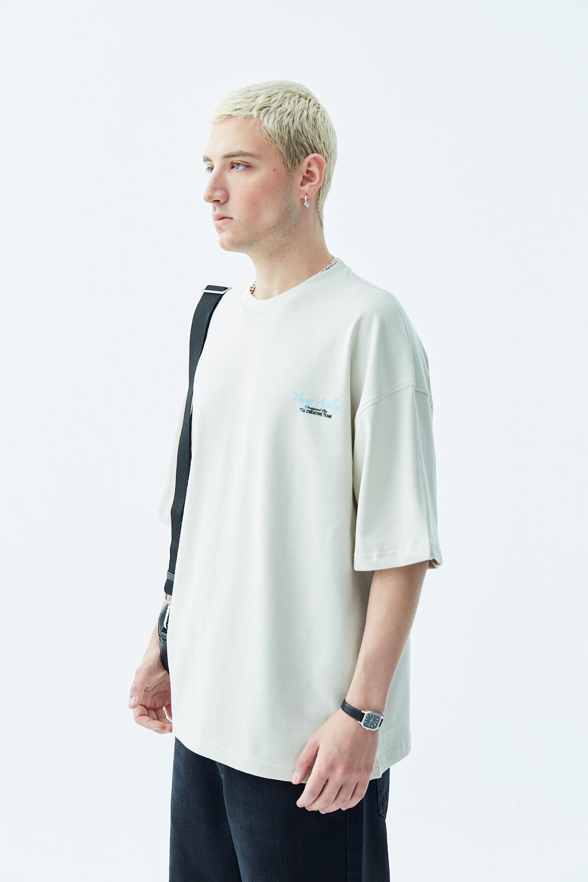 Baskılı Oversize Tişört-Açık Gri Gri