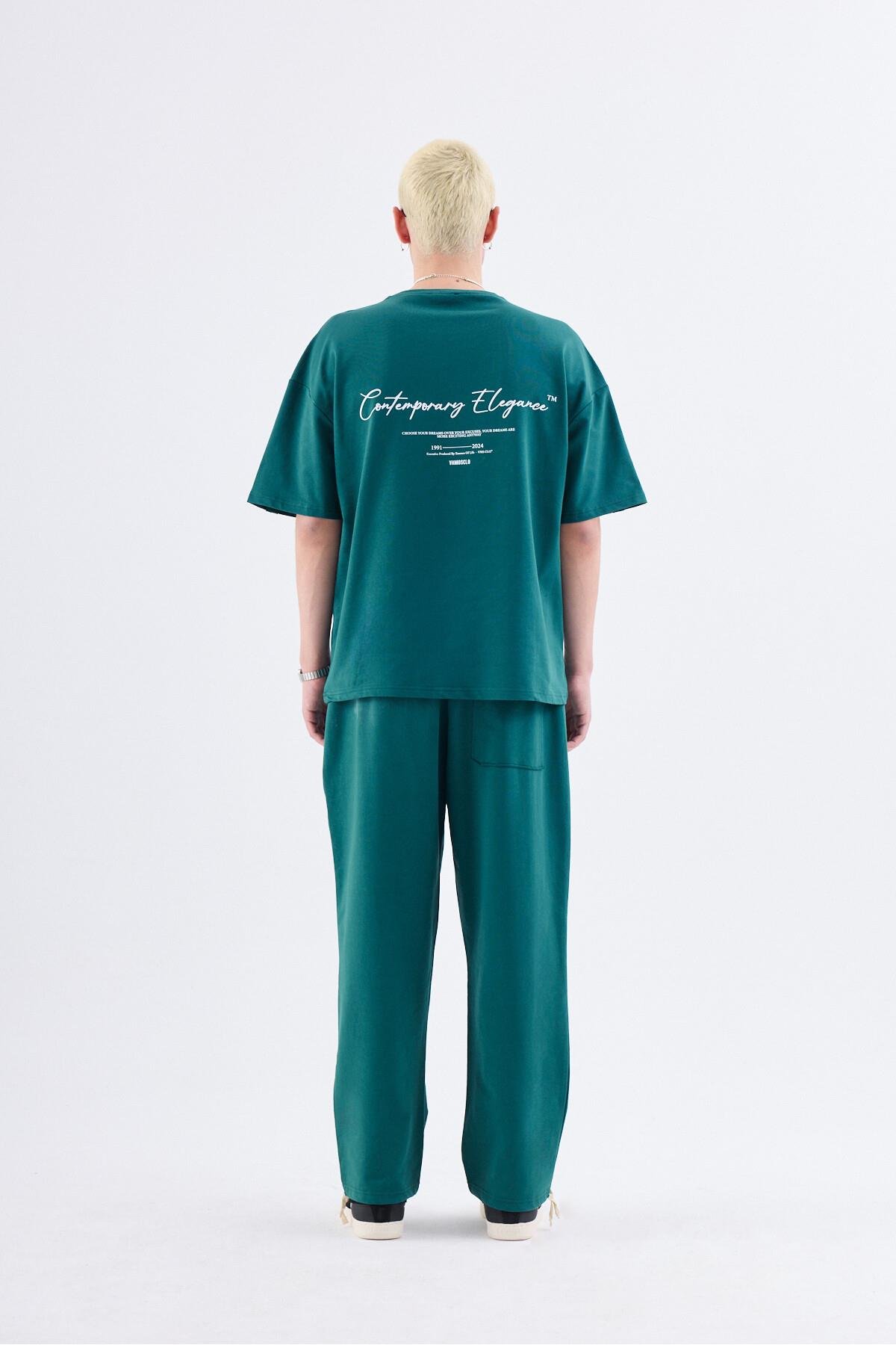 Baskılı Stoper Paça %100 Pamuk Eşofman Takım Petrol