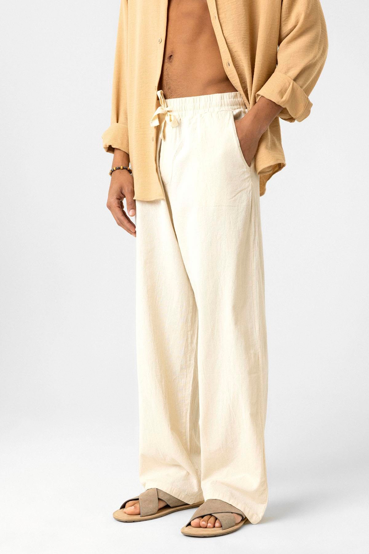 Bel Lastikli Baggy Fit Keten Pantolon Naturel