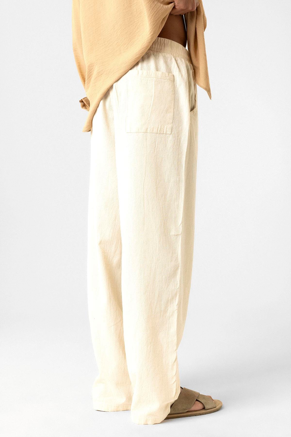 Bel Lastikli Baggy Fit Keten Pantolon Naturel