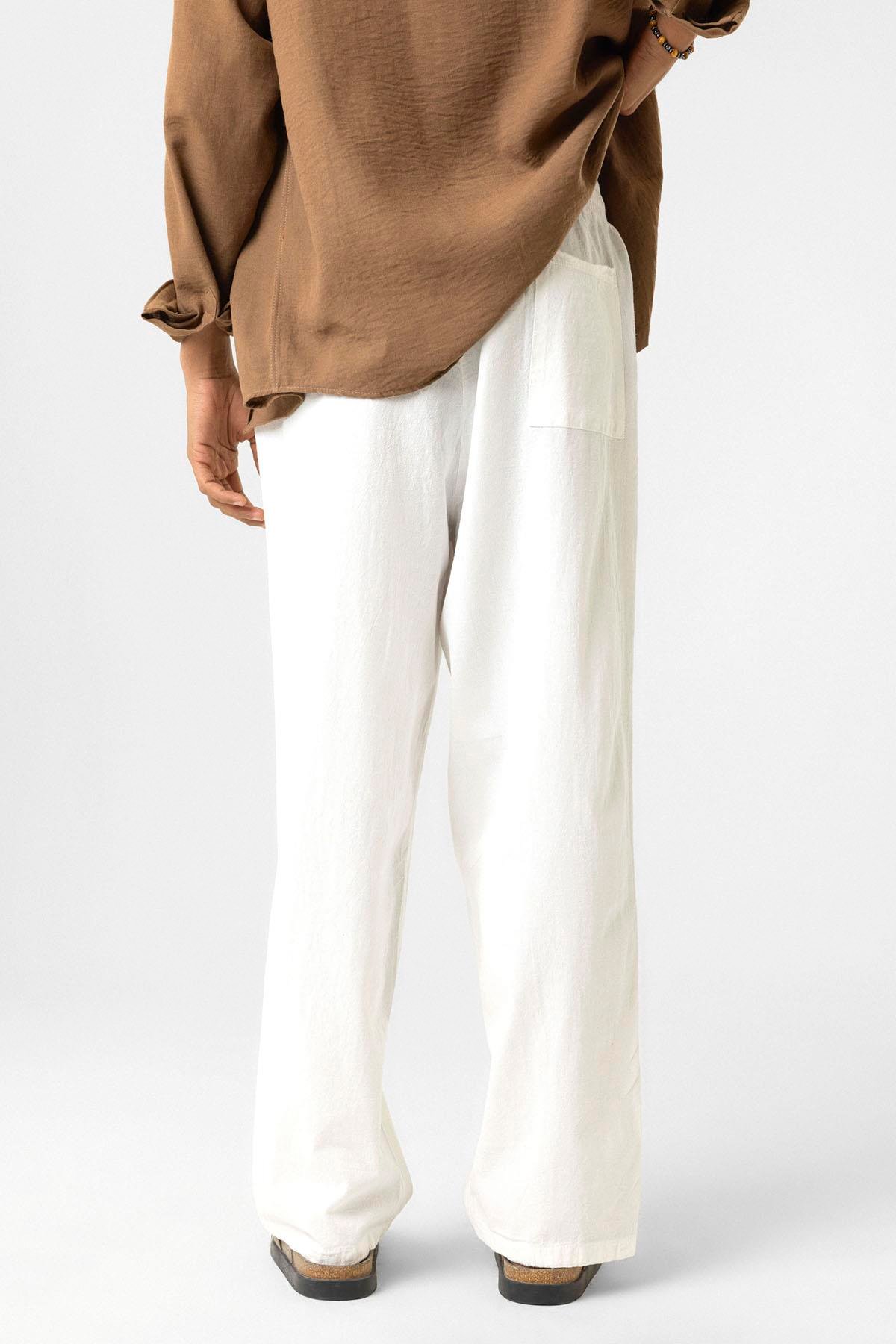 Bel Lastikli Baggy Fit Keten Pantolon Beyaz