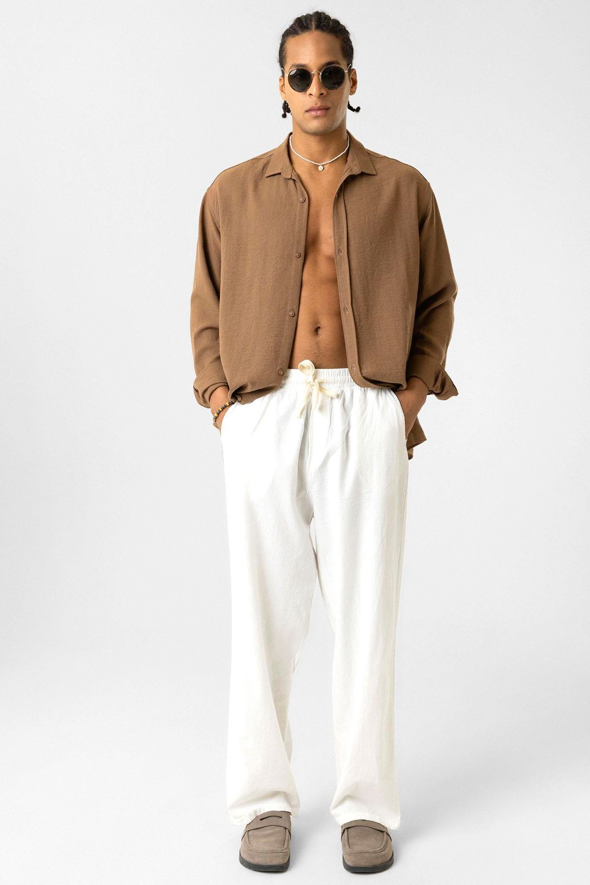 Bel Lastikli Baggy Fit Keten Pantolon Beyaz