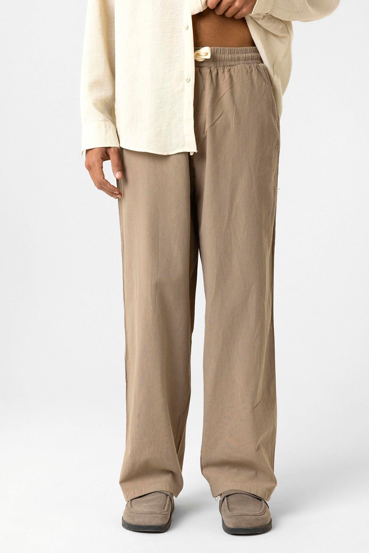 Bel Lastikli Baggy Fit Keten Pantolon Açık Kahve