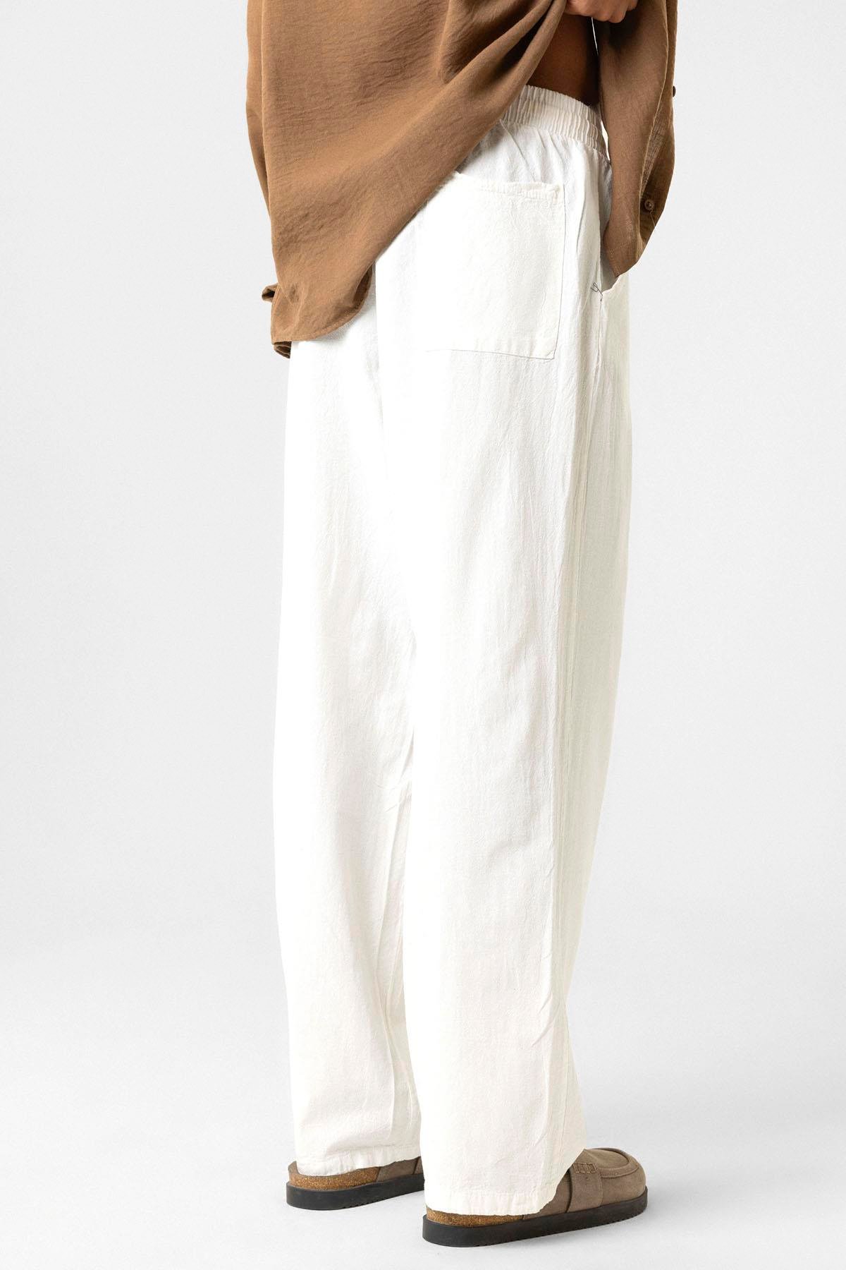 Bel Lastikli Baggy Fit Keten Pantolon Beyaz