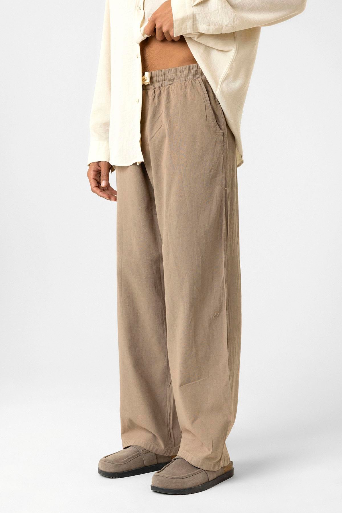 Bel Lastikli Baggy Fit Keten Pantolon Açık Kahve