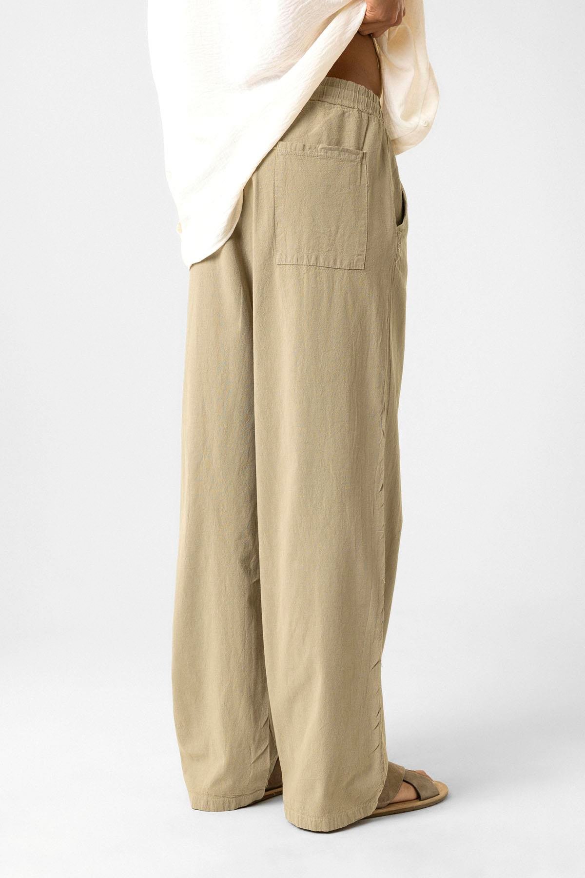 Bel Lastikli Baggy Fit Keten Pantolon Açık Haki