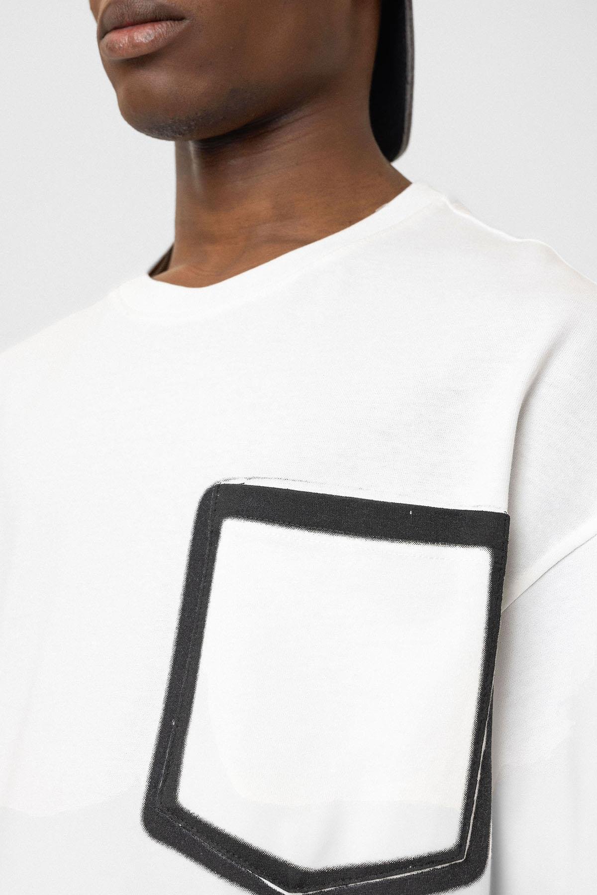 Bisiklet Yaka Cepli Oversize Tişört Ekru