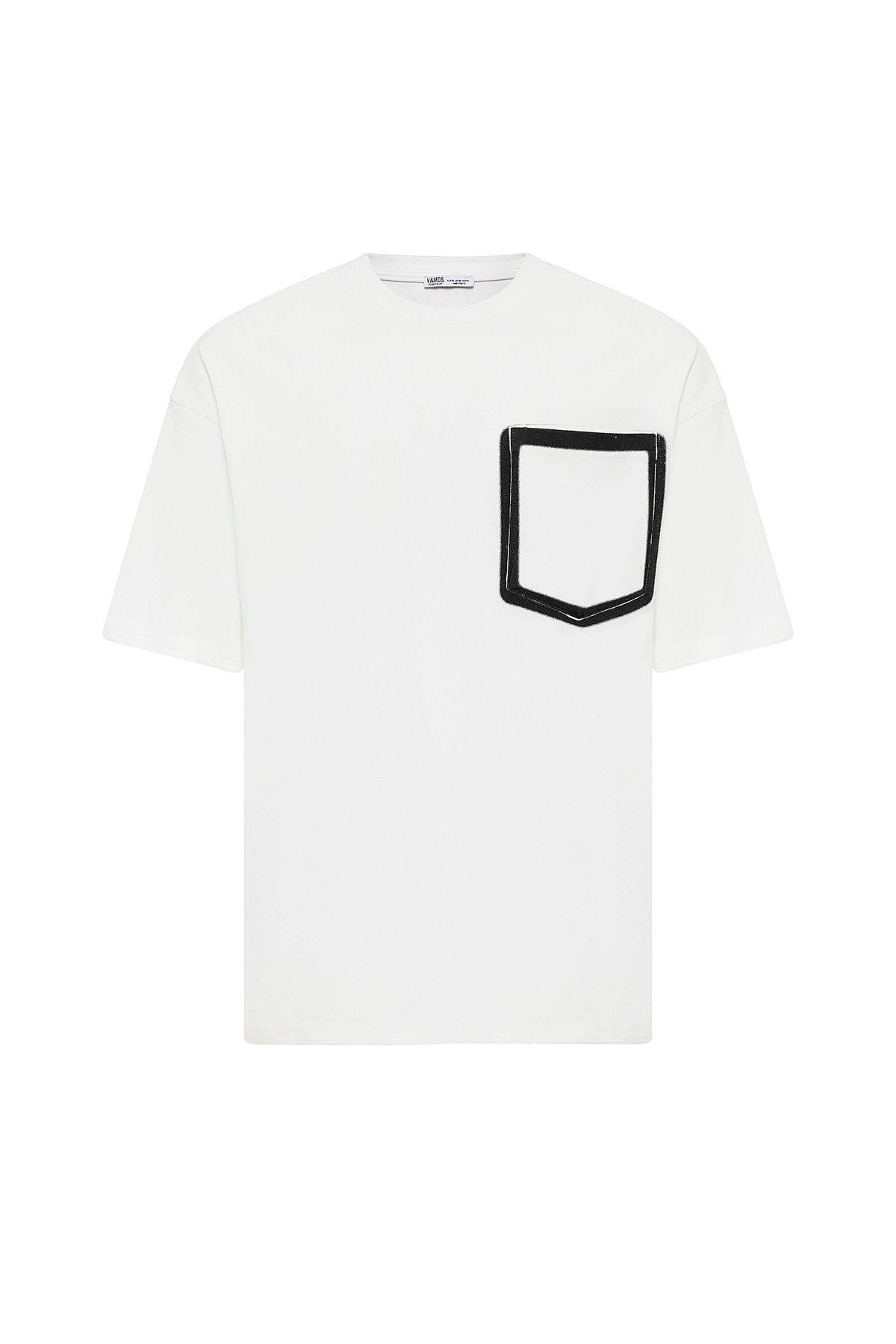 Bisiklet Yaka Cepli Oversize Tişört Ekru