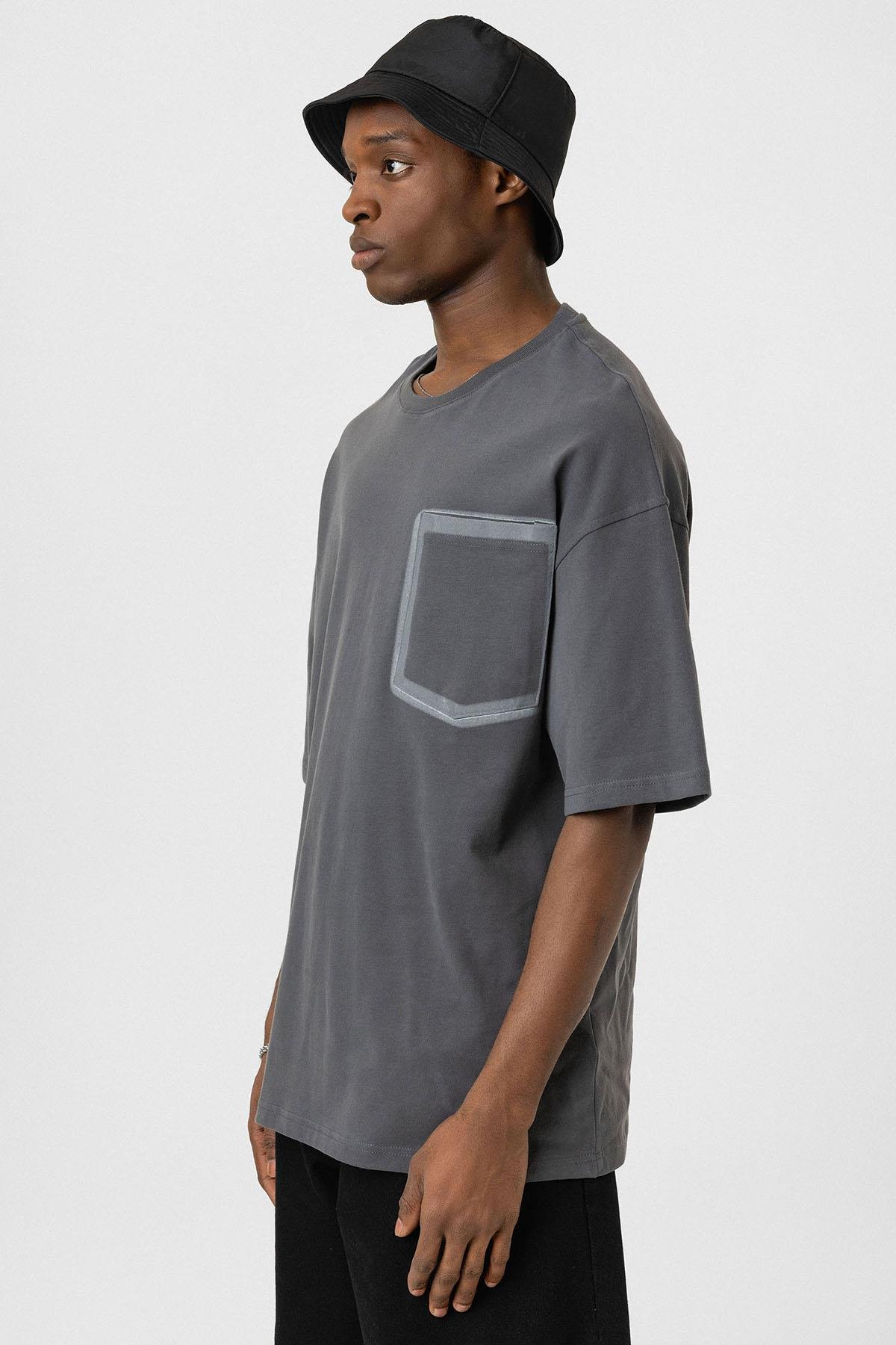 Bisiklet Yaka Cepli Oversize Tişört Füme
