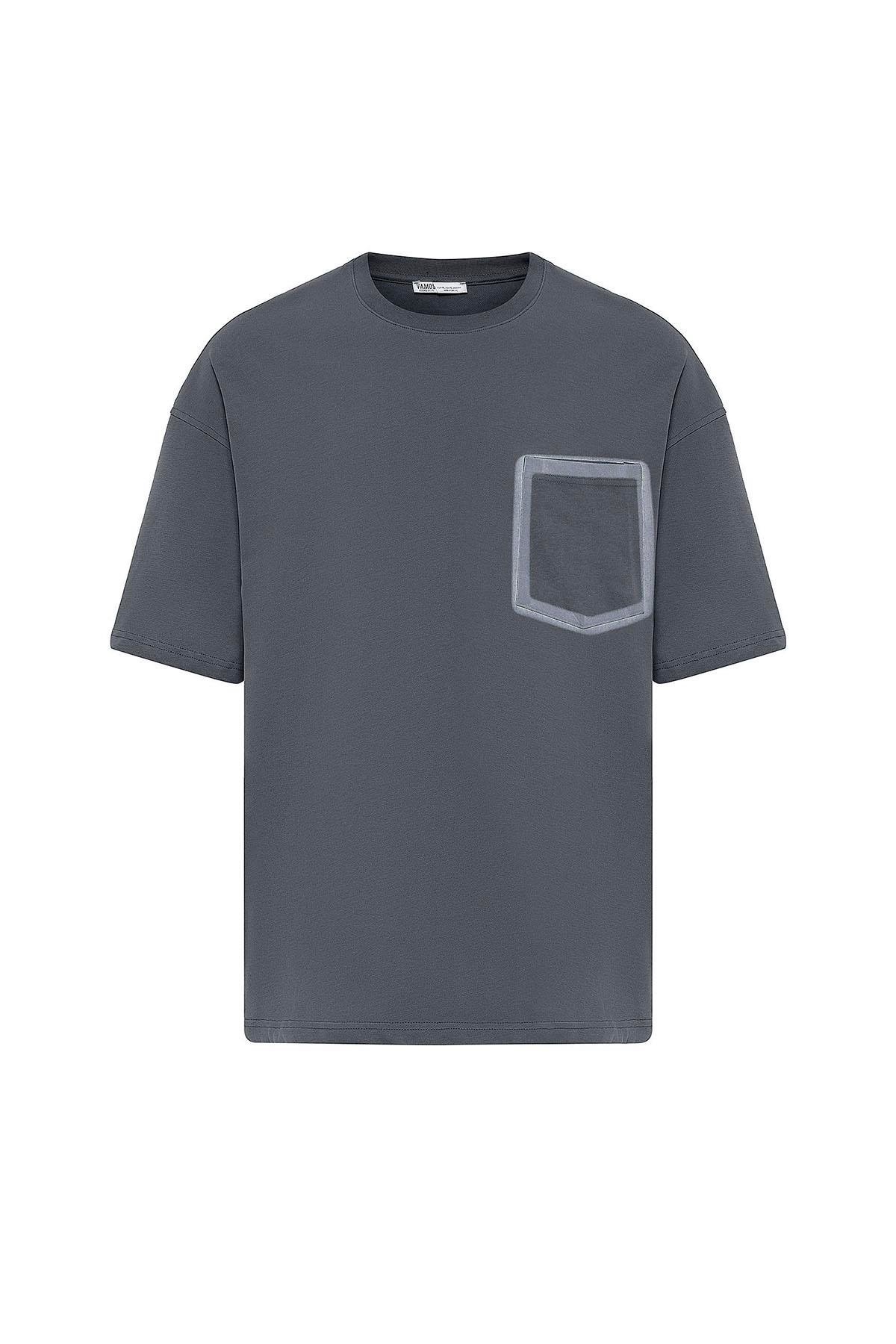 Bisiklet Yaka Cepli Oversize Tişört Füme