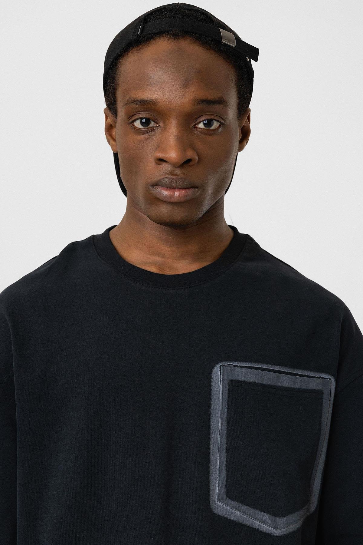 Bisiklet Yaka Cepli Oversize Tişört Siyah