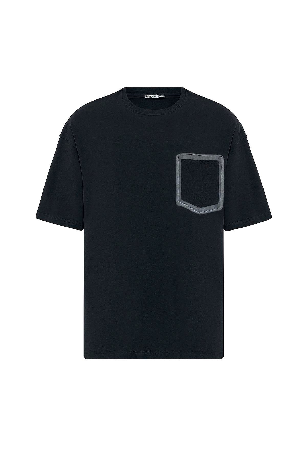 Bisiklet Yaka Cepli Oversize Tişört Siyah