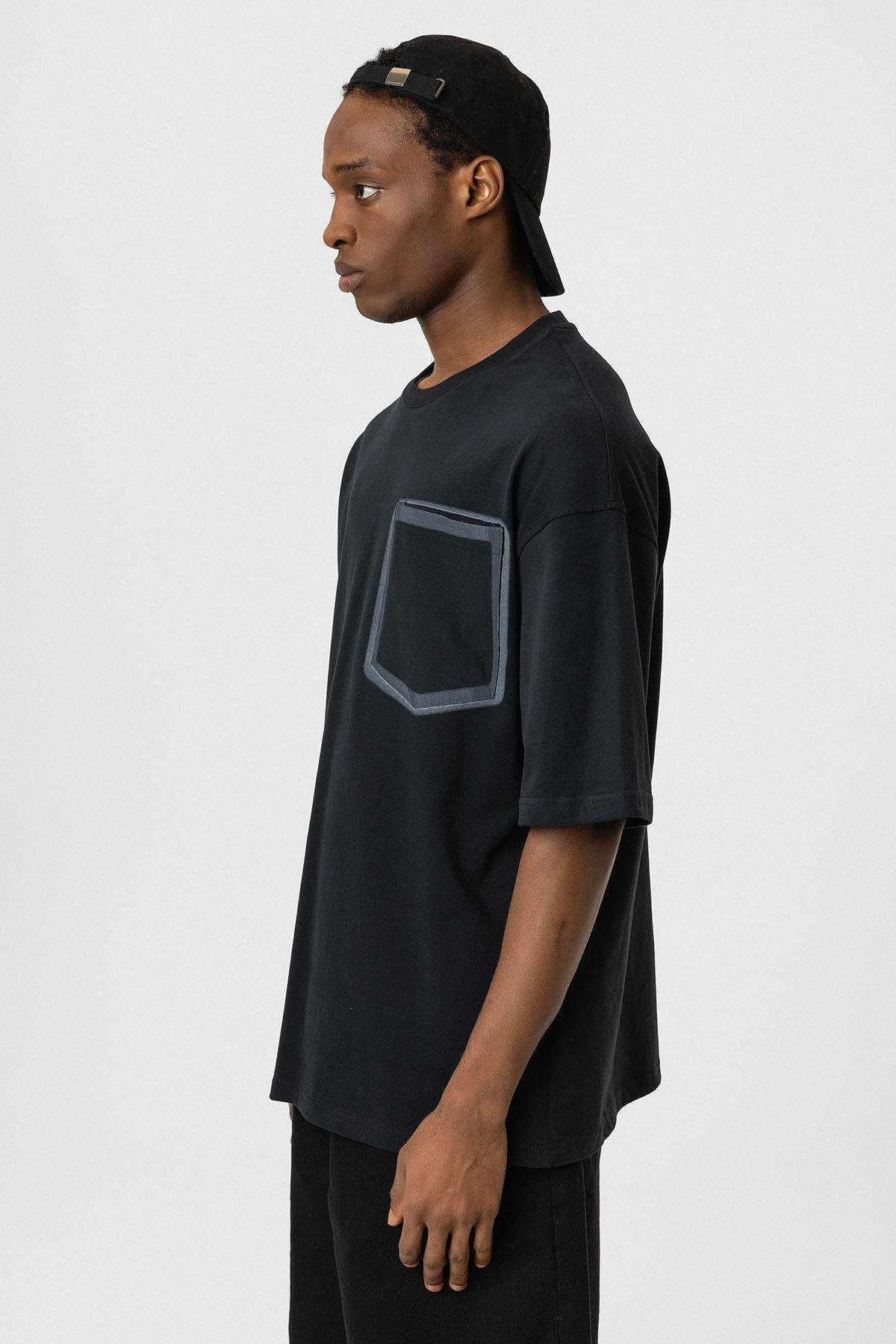Bisiklet Yaka Cepli Oversize Tişört Siyah