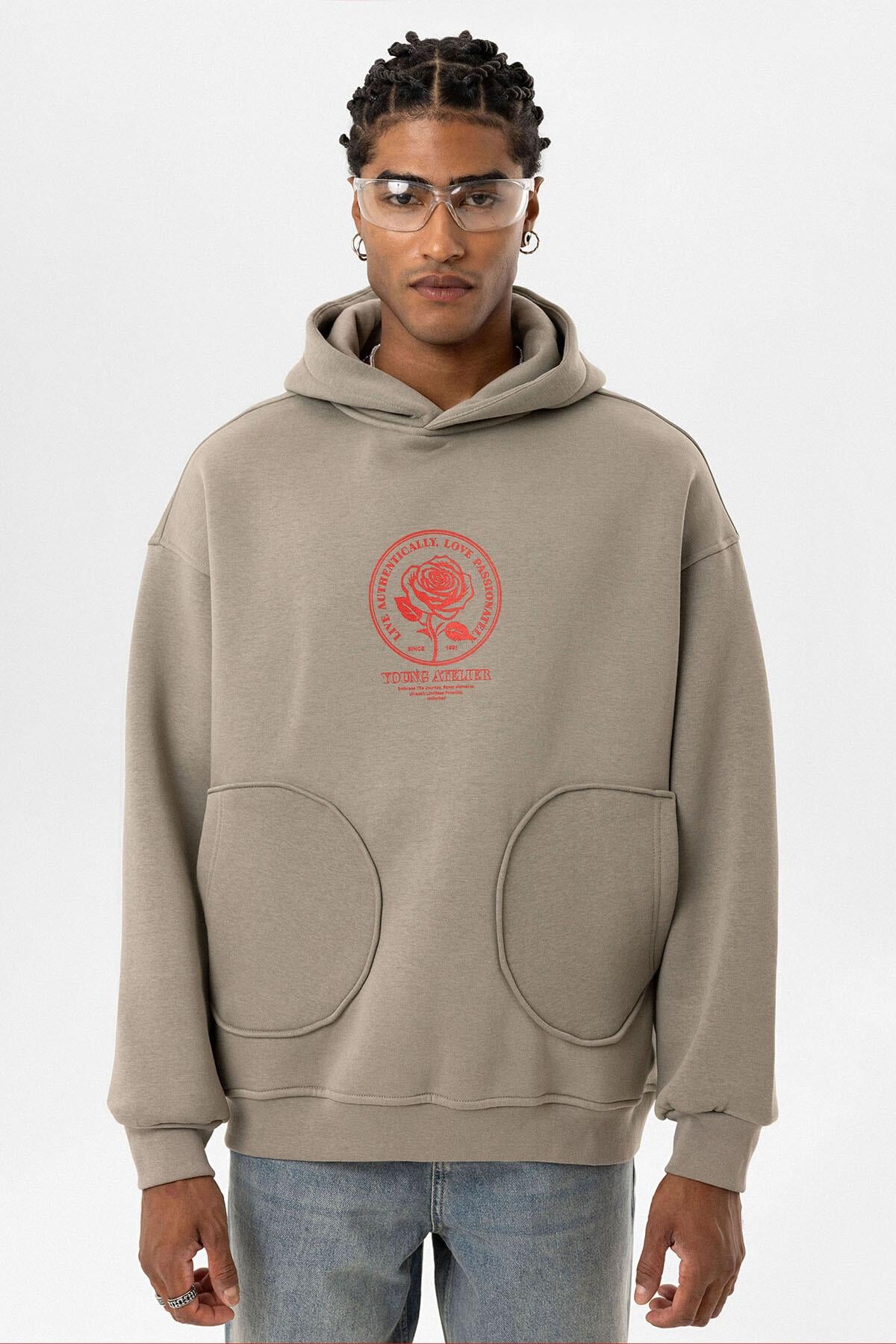 Cep Detaylı Baskılı Overıze Sweatshirt Haki