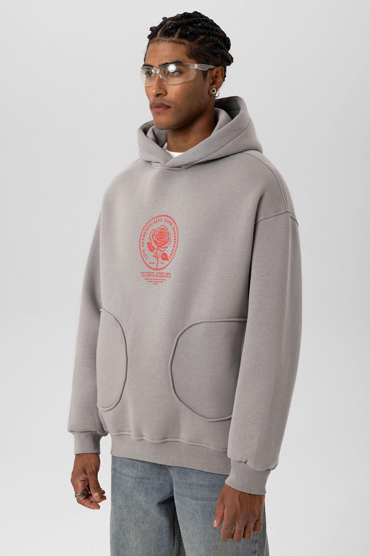Cep Detaylı Baskılı Overıze Sweatshirt Gri