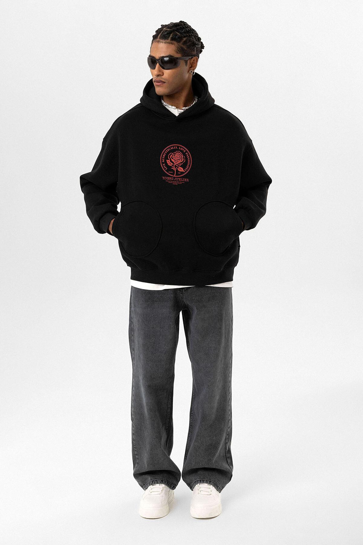 Cep Detaylı Baskılı Overıze Sweatshirt Siyah