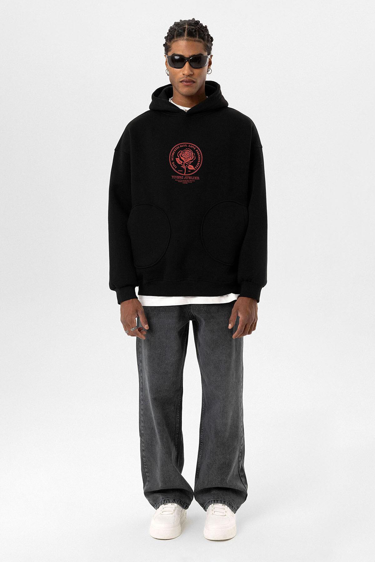 Cep Detaylı Baskılı Overıze Sweatshirt Siyah