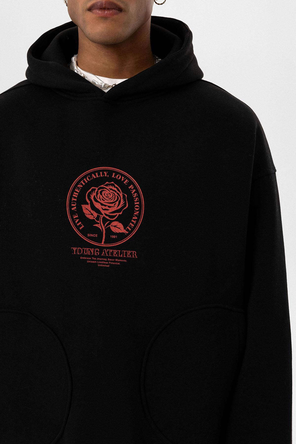 Cep Detaylı Baskılı Overıze Sweatshirt Siyah