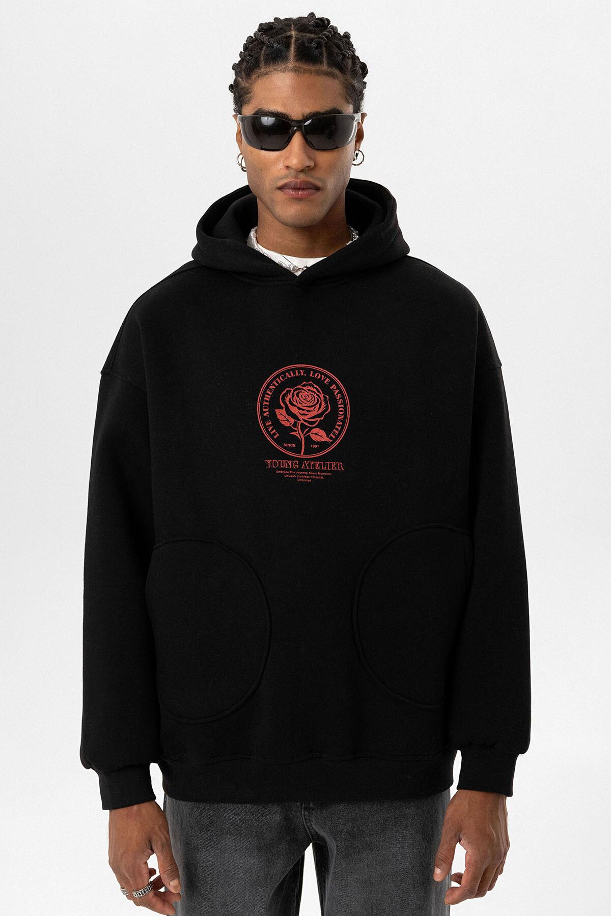 Cep Detaylı Baskılı Overıze Sweatshirt Siyah