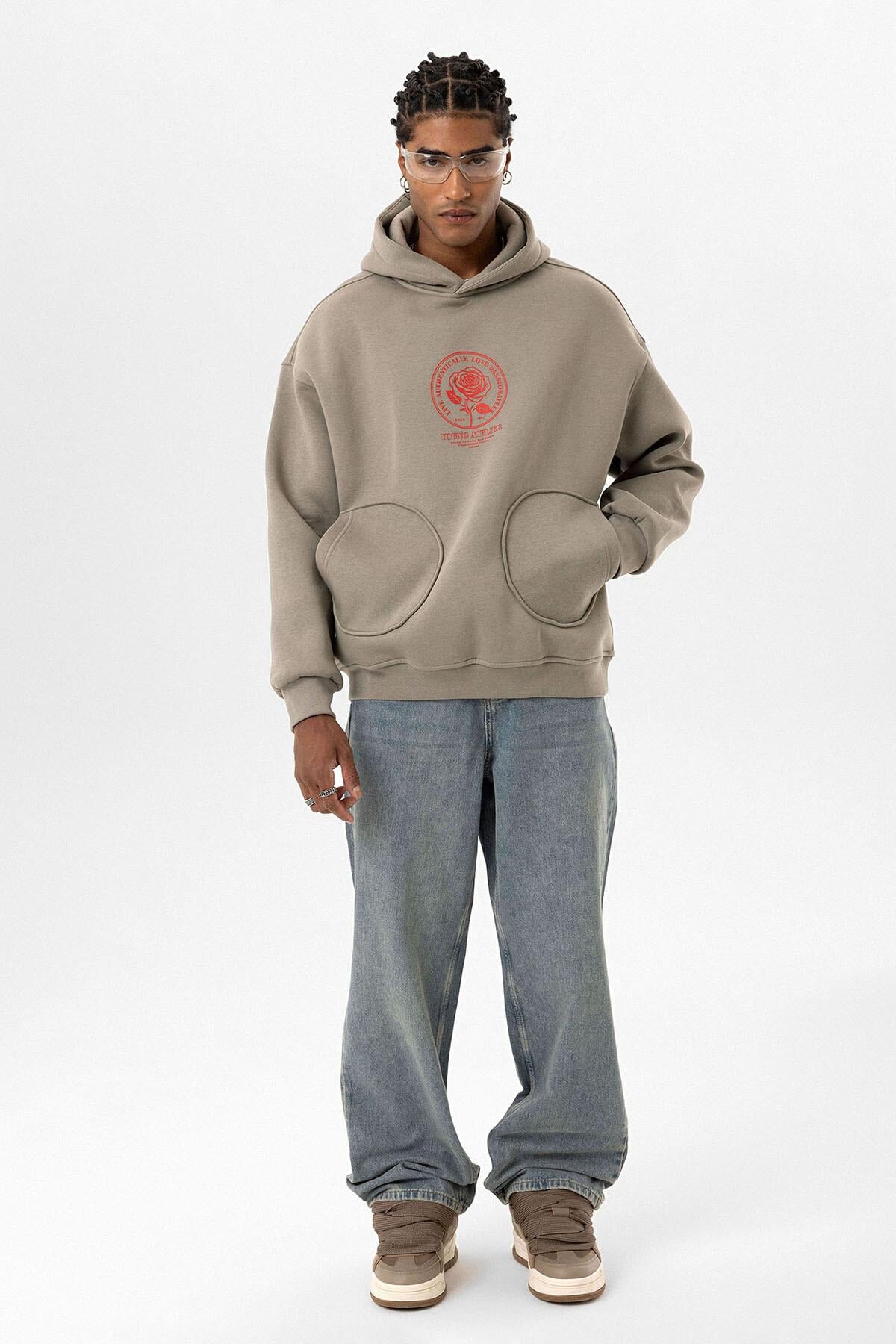 Cep Detaylı Baskılı Overıze Sweatshirt Haki