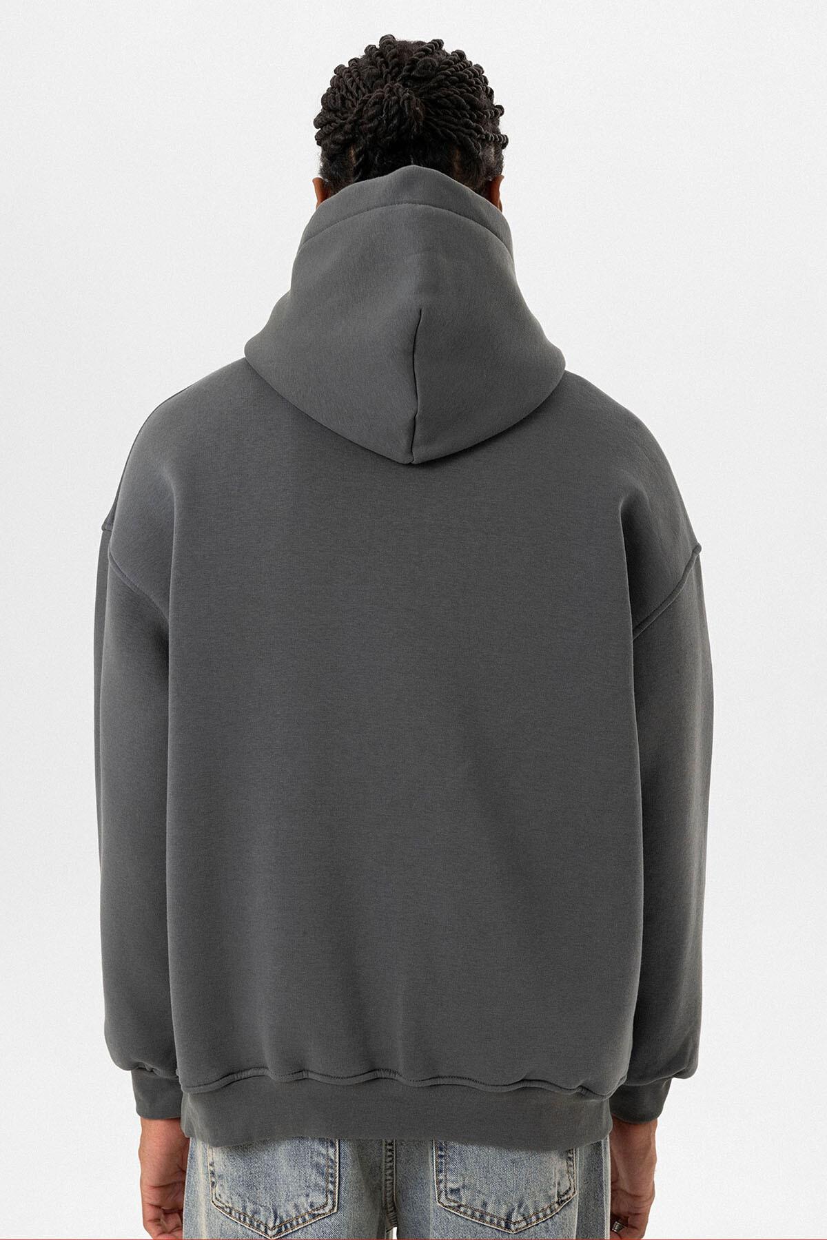 Cep Detaylı Kapüşonlu Oversize Sweatshirt Açık Füme