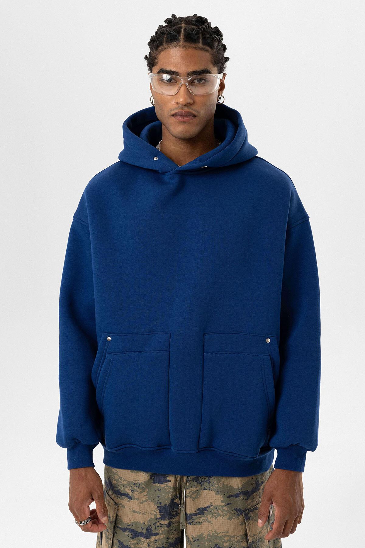 Cep Detaylı Kapüşonlu Oversize Sweatshirt İndigo