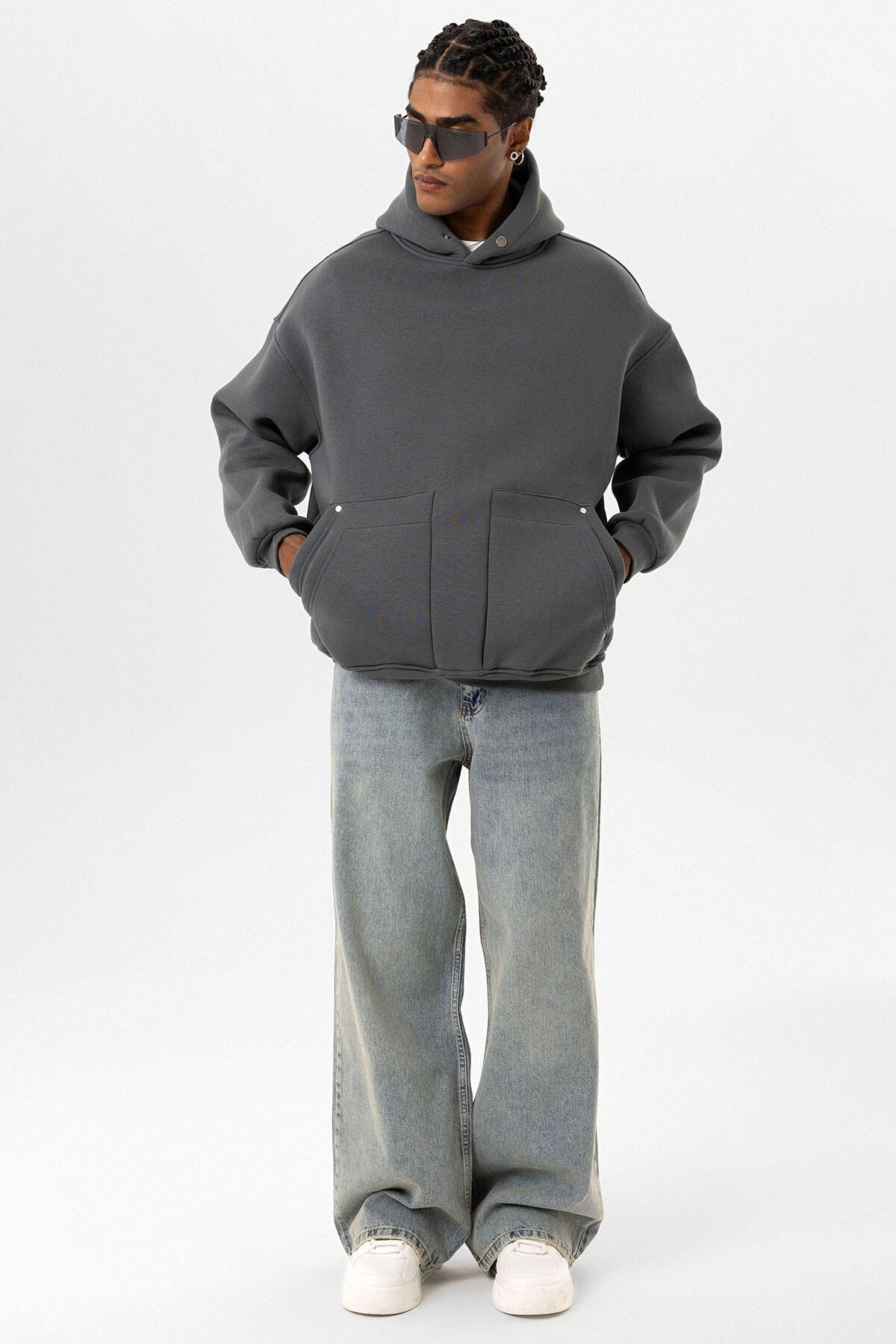 Cep Detaylı Kapüşonlu Oversize Sweatshirt Açık Füme