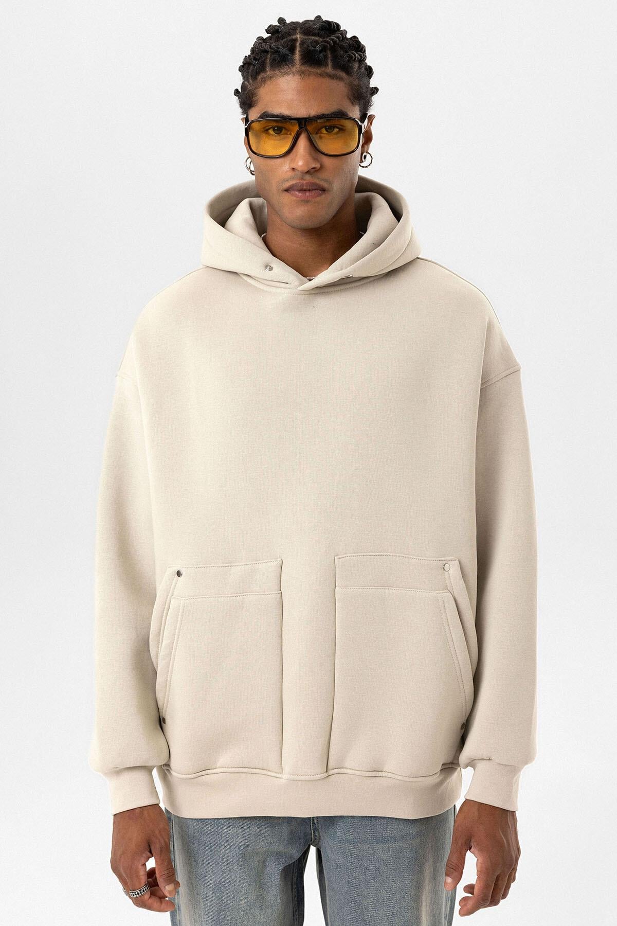 Cep Detaylı Kapüşonlu Oversize Sweatshirt Buz Grisi
