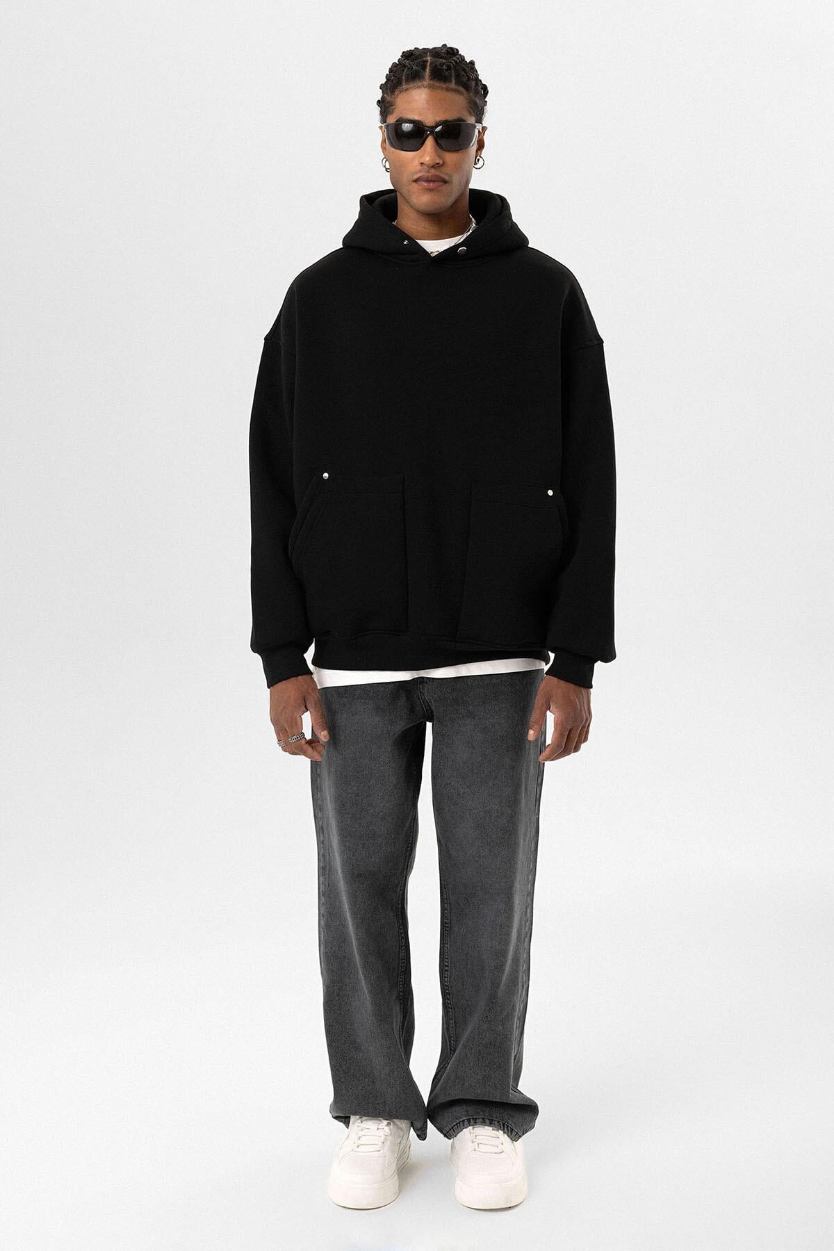 Cep Detaylı Kapüşonlu Oversize Sweatshirt Siyah