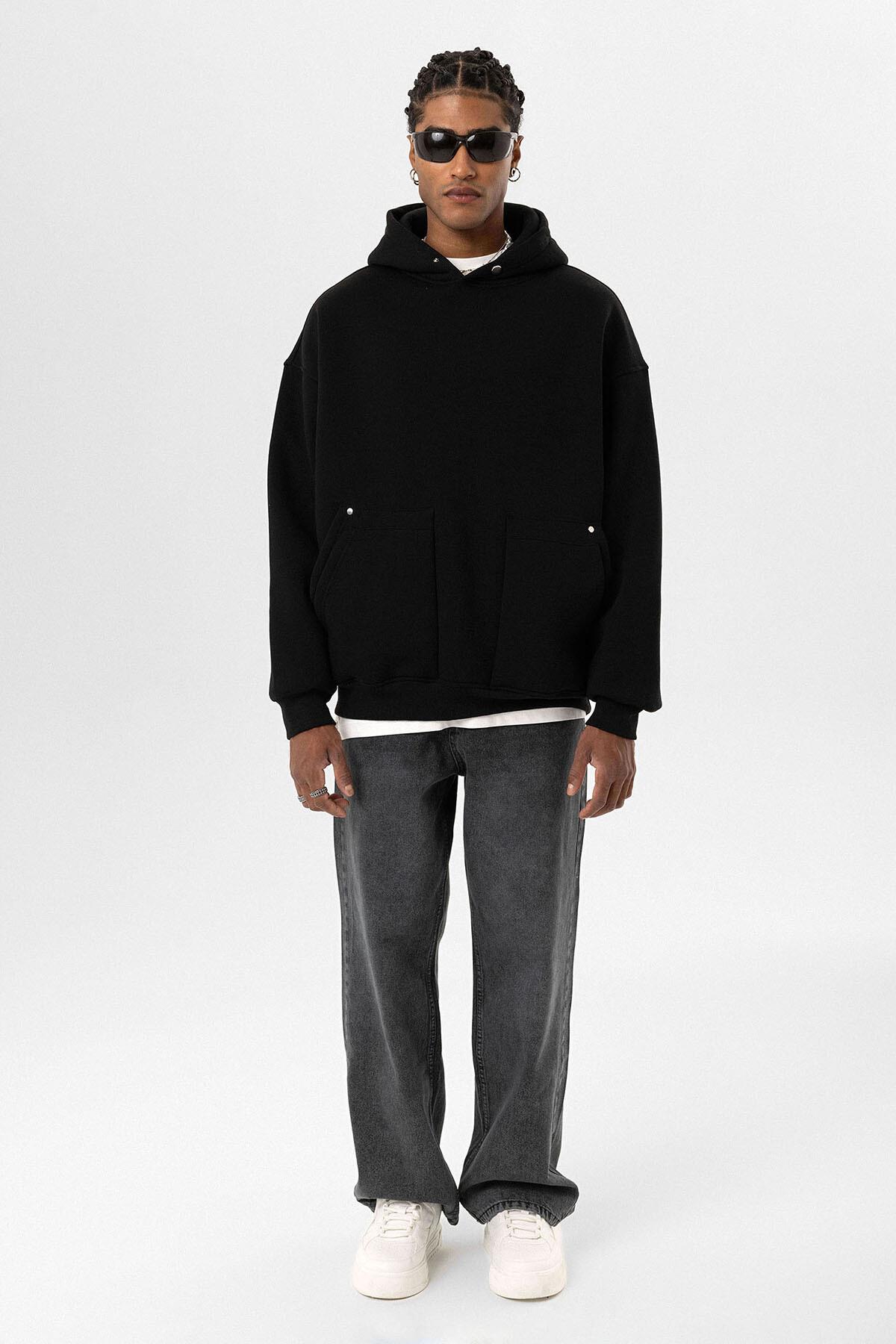 Cep Detaylı Kapüşonlu Oversize Sweatshirt Siyah