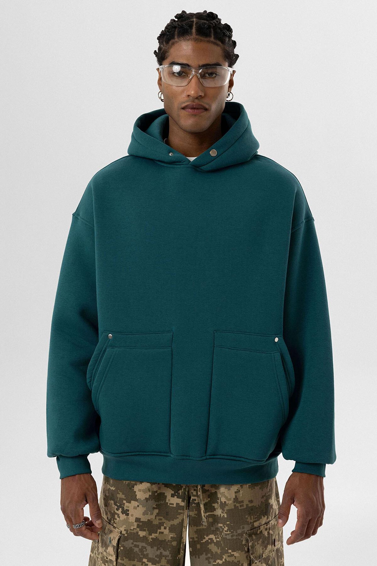 Cep Detaylı Kapüşonlu Oversize Sweatshirt Petrol
