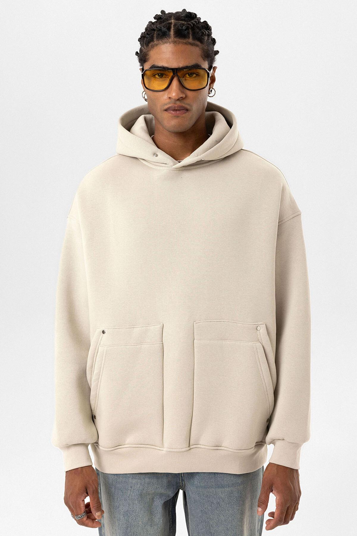 Cep Detaylı Kapüşonlu Oversize Sweatshirt Buz Grisi