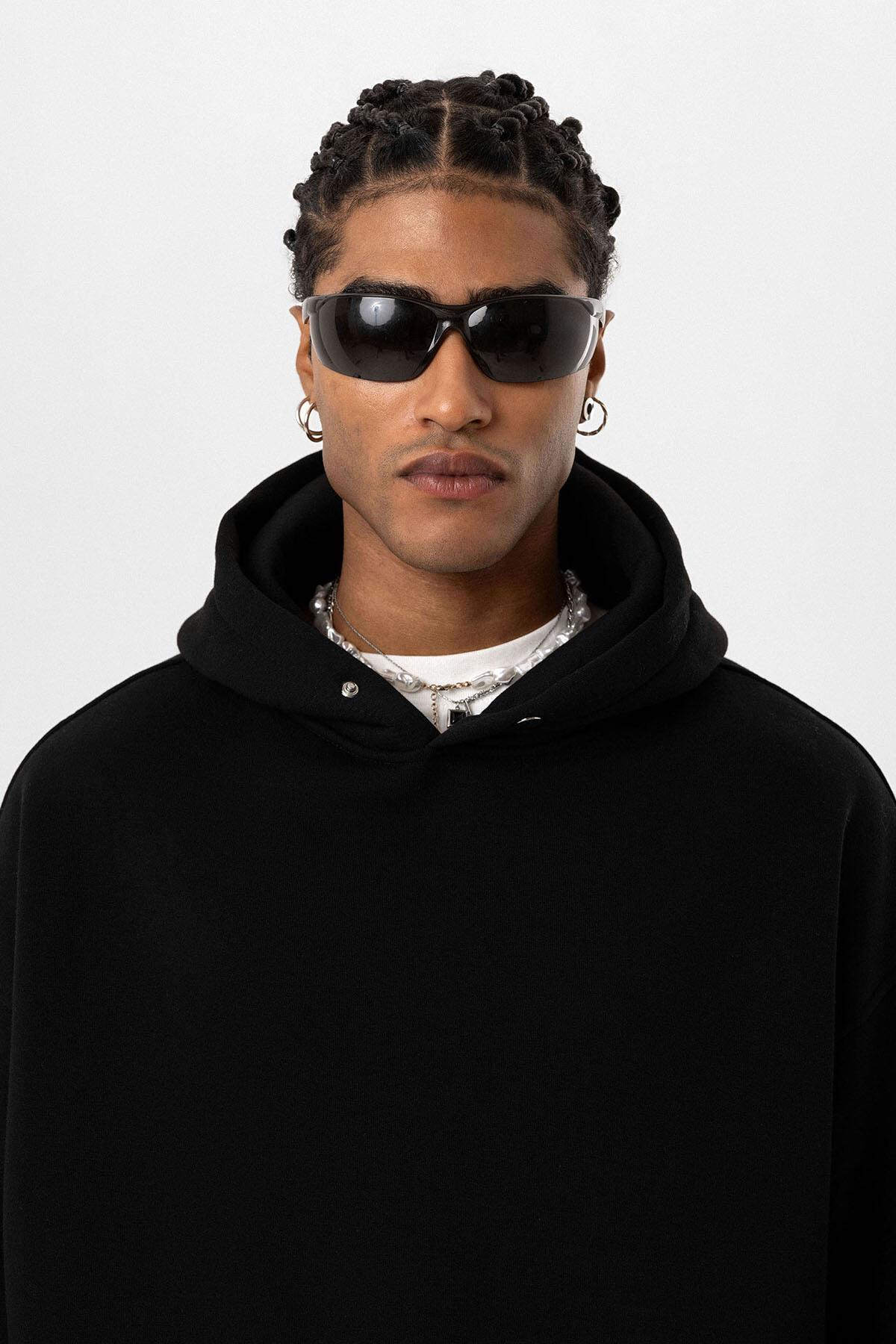 Cep Detaylı Kapüşonlu Oversize Sweatshirt Siyah
