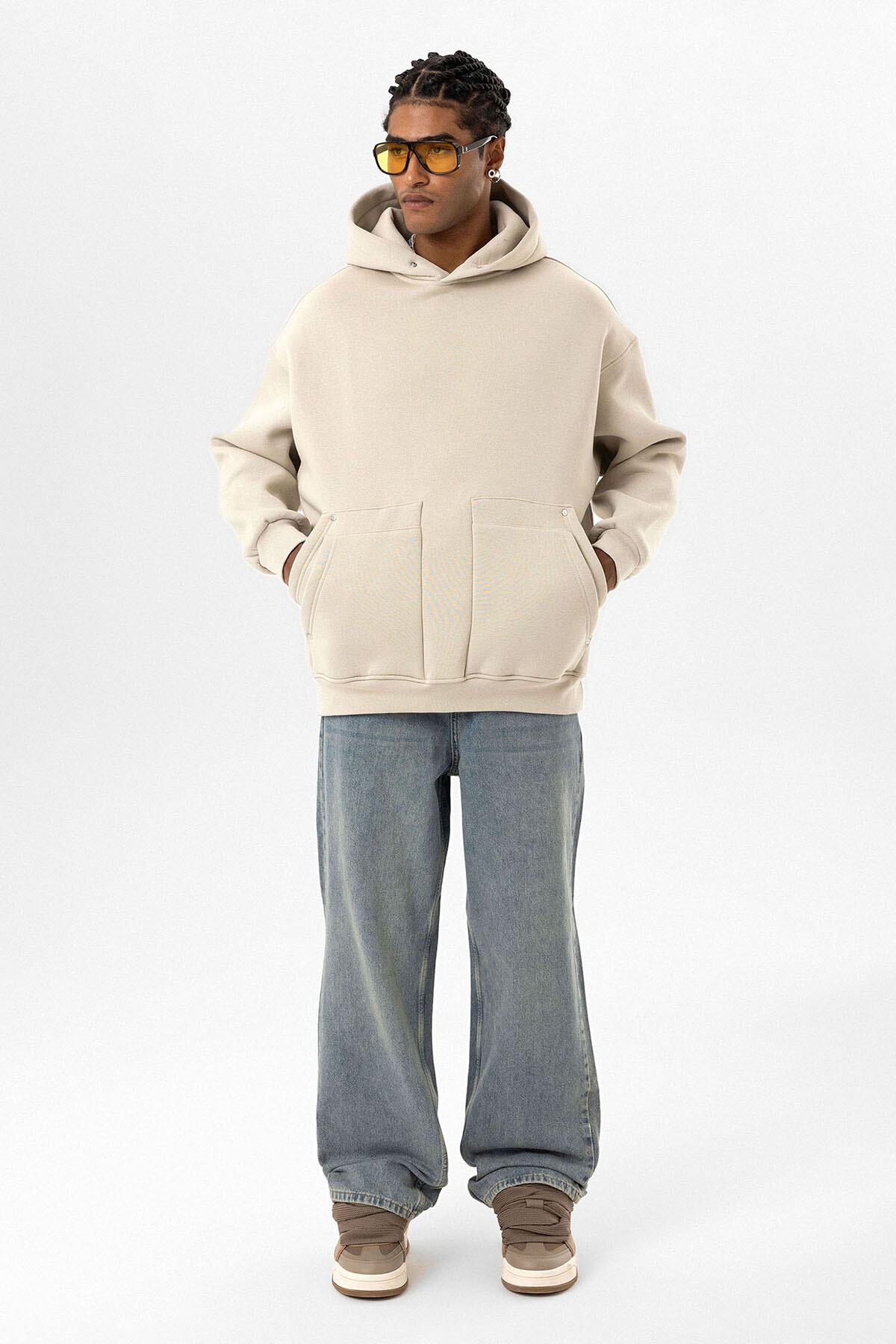 Cep Detaylı Kapüşonlu Oversize Sweatshirt Buz Grisi