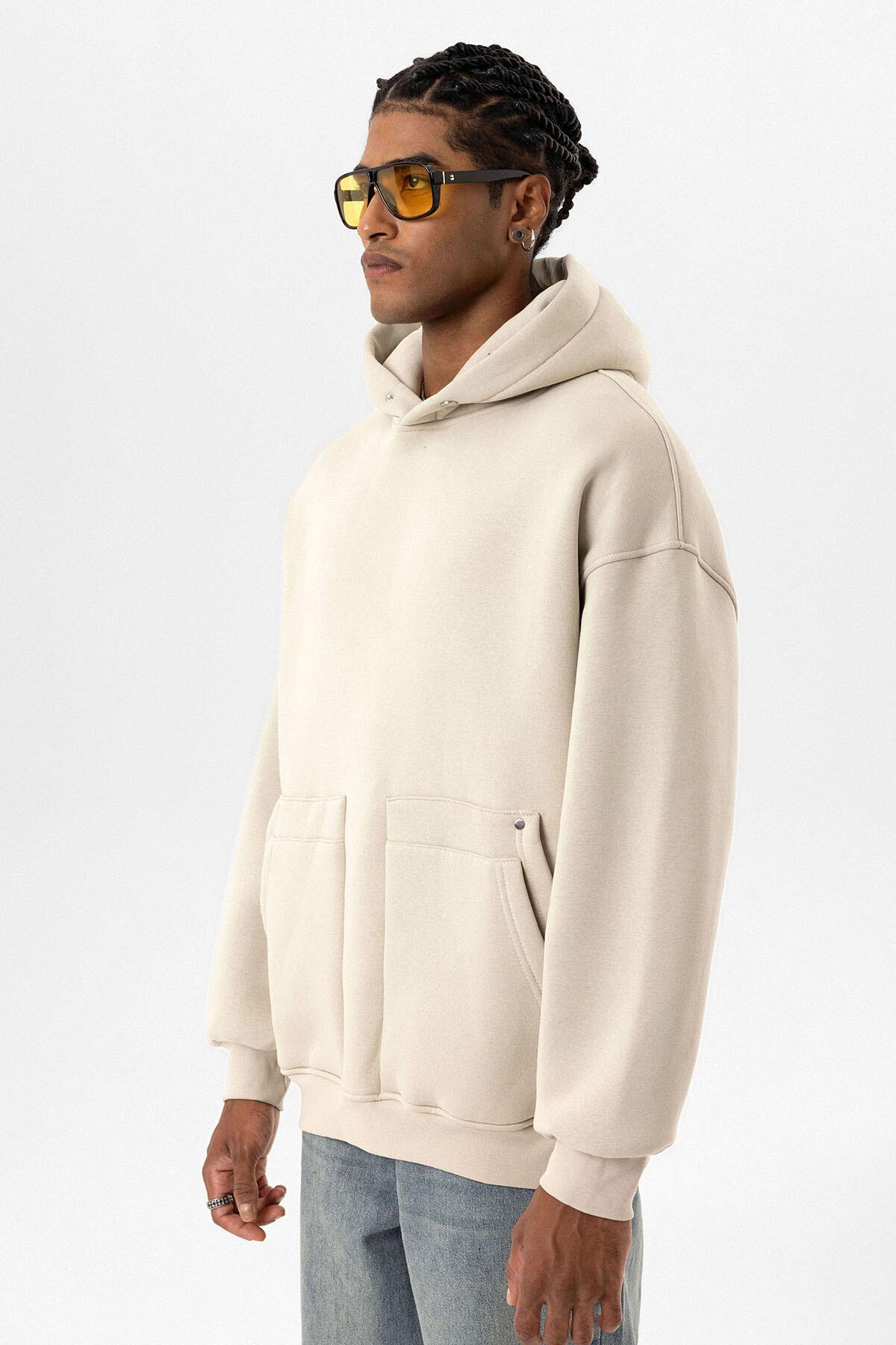 Cep Detaylı Kapüşonlu Oversize Sweatshirt Buz Grisi