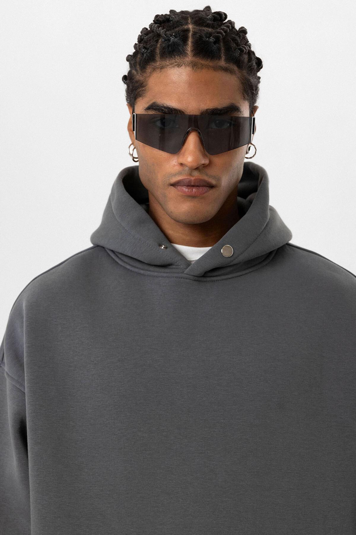 Cep Detaylı Kapüşonlu Oversize Sweatshirt Açık Füme