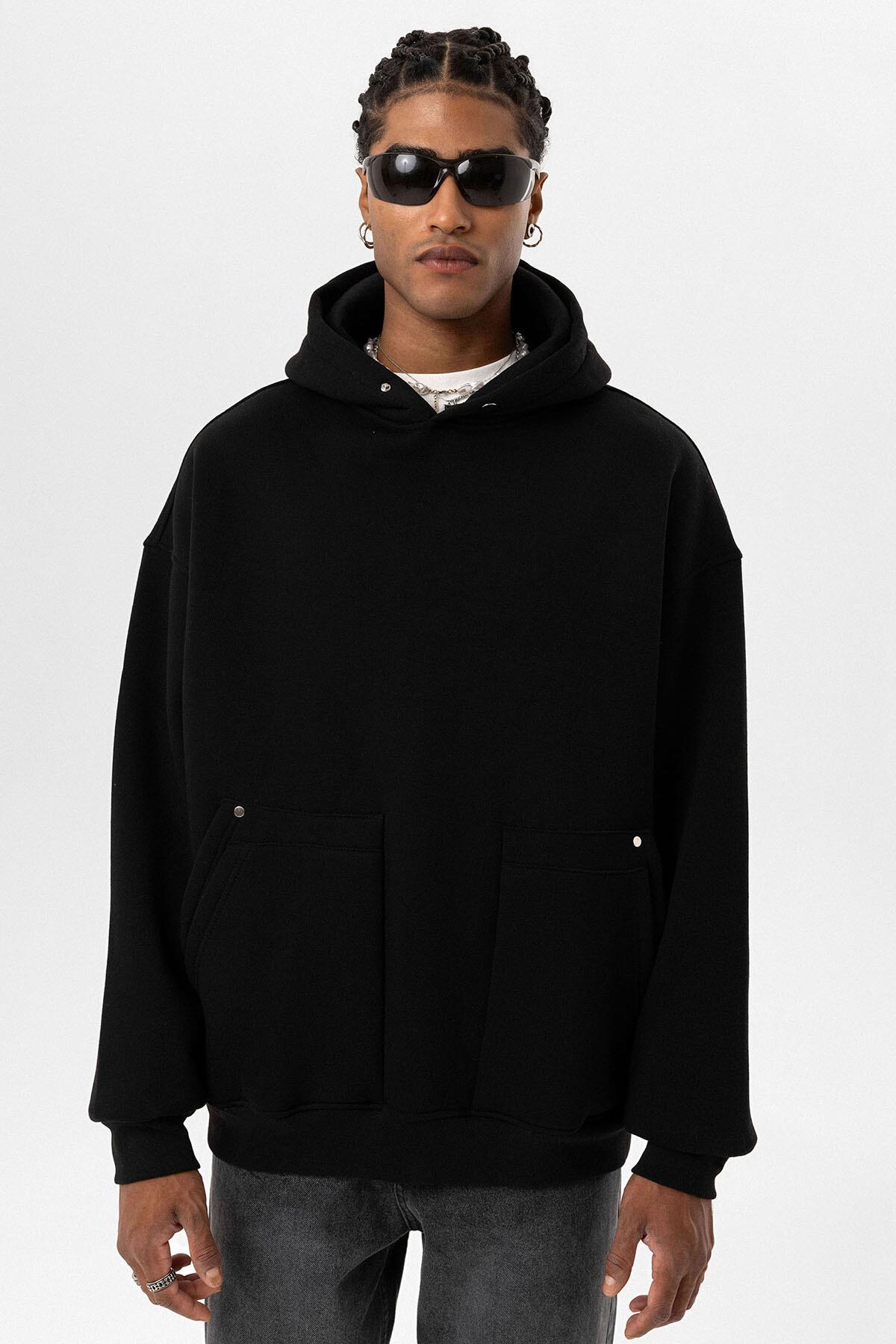 Cep Detaylı Kapüşonlu Oversize Sweatshirt Siyah