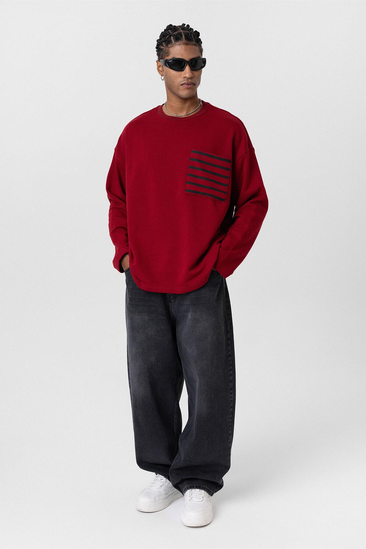 Cep Detaylı Oversize Sweatshirt Bordo