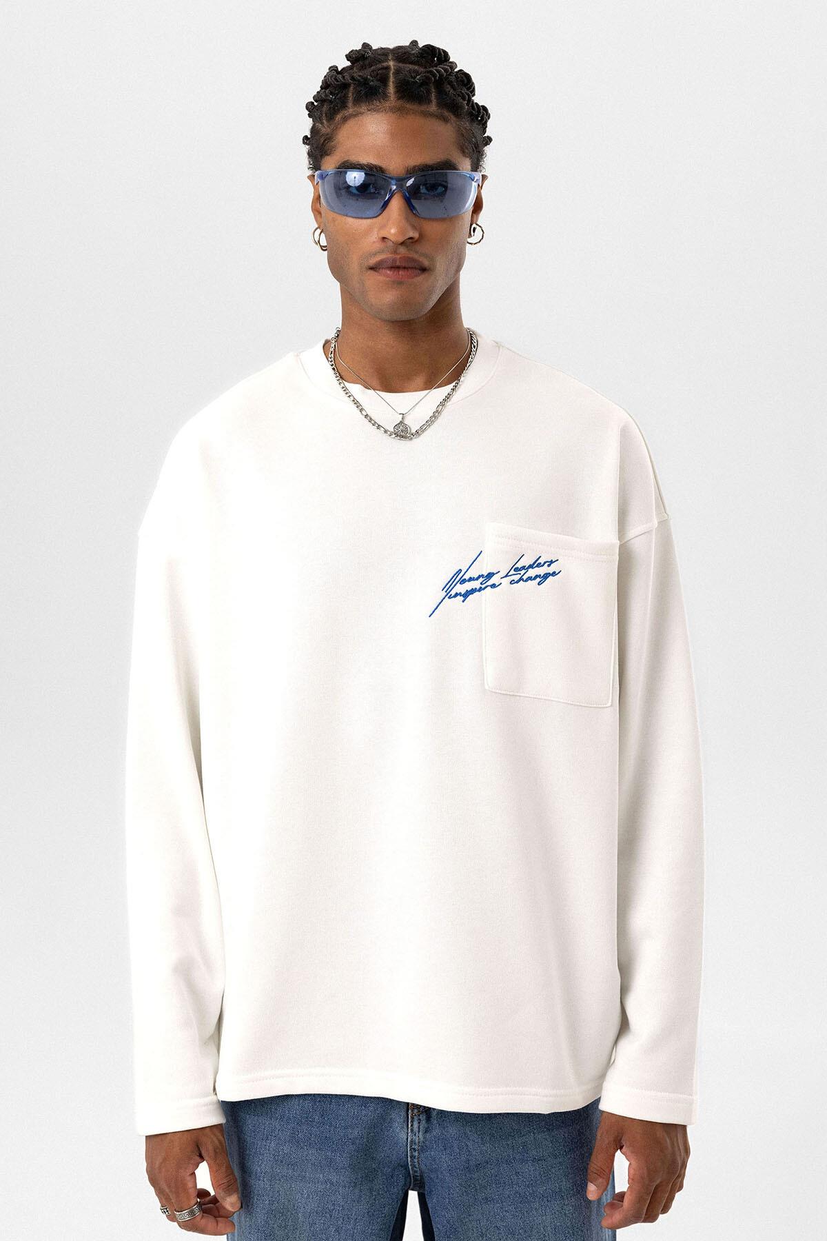 Cep Detaylı Oversize Sweatshirt Ekru