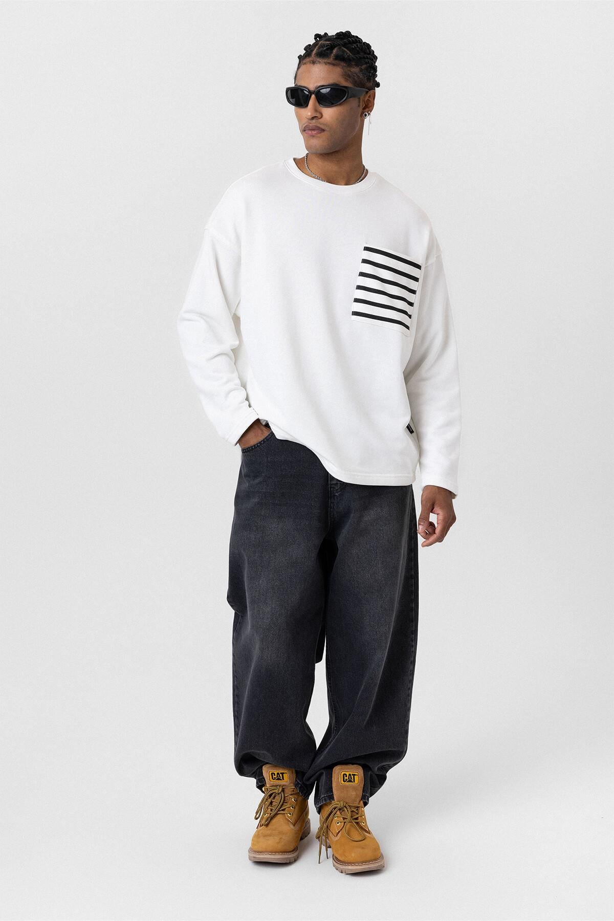 Cep Detaylı Oversize Sweatshirt Ekru