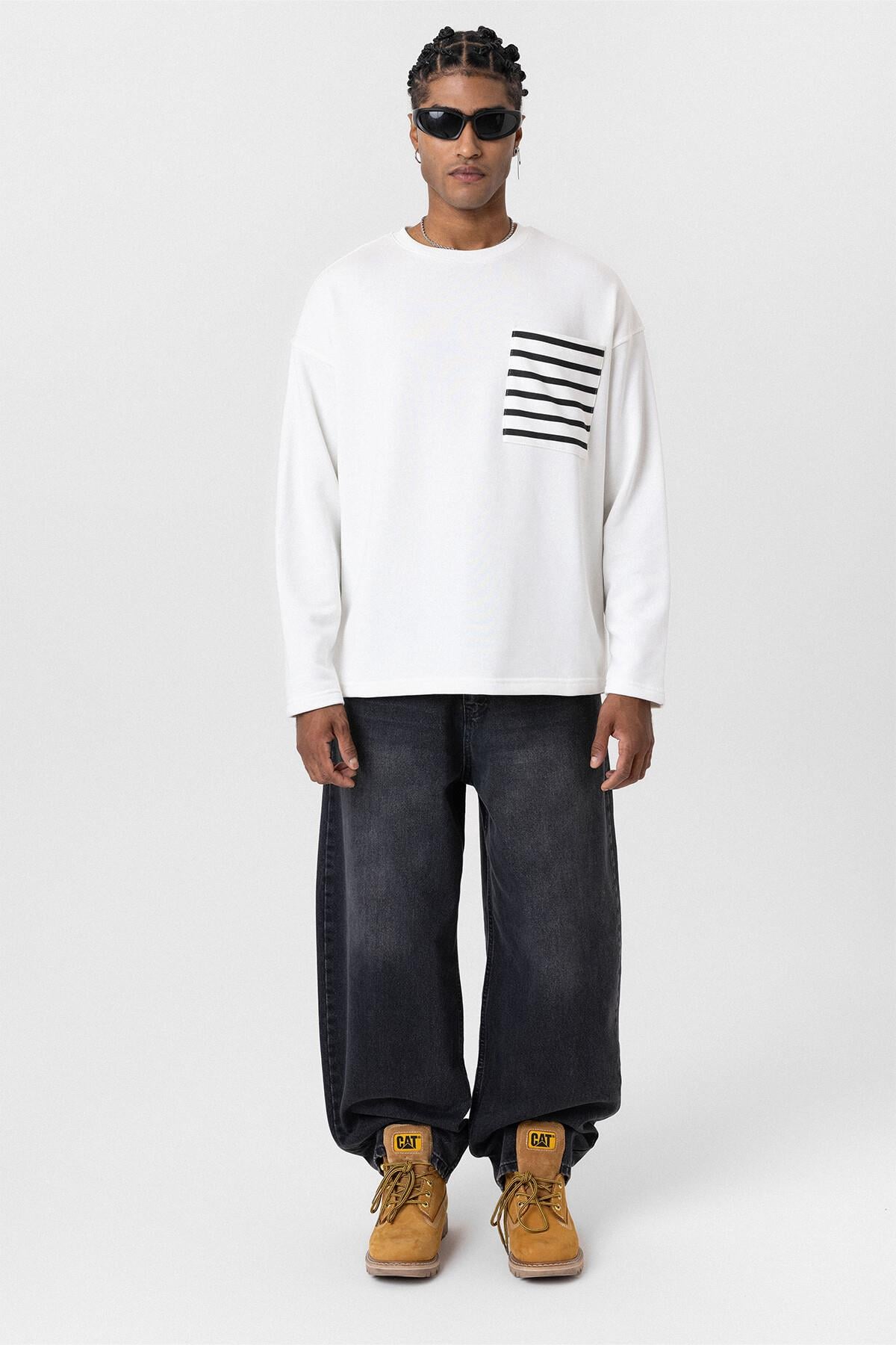 Cep Detaylı Oversize Sweatshirt Ekru