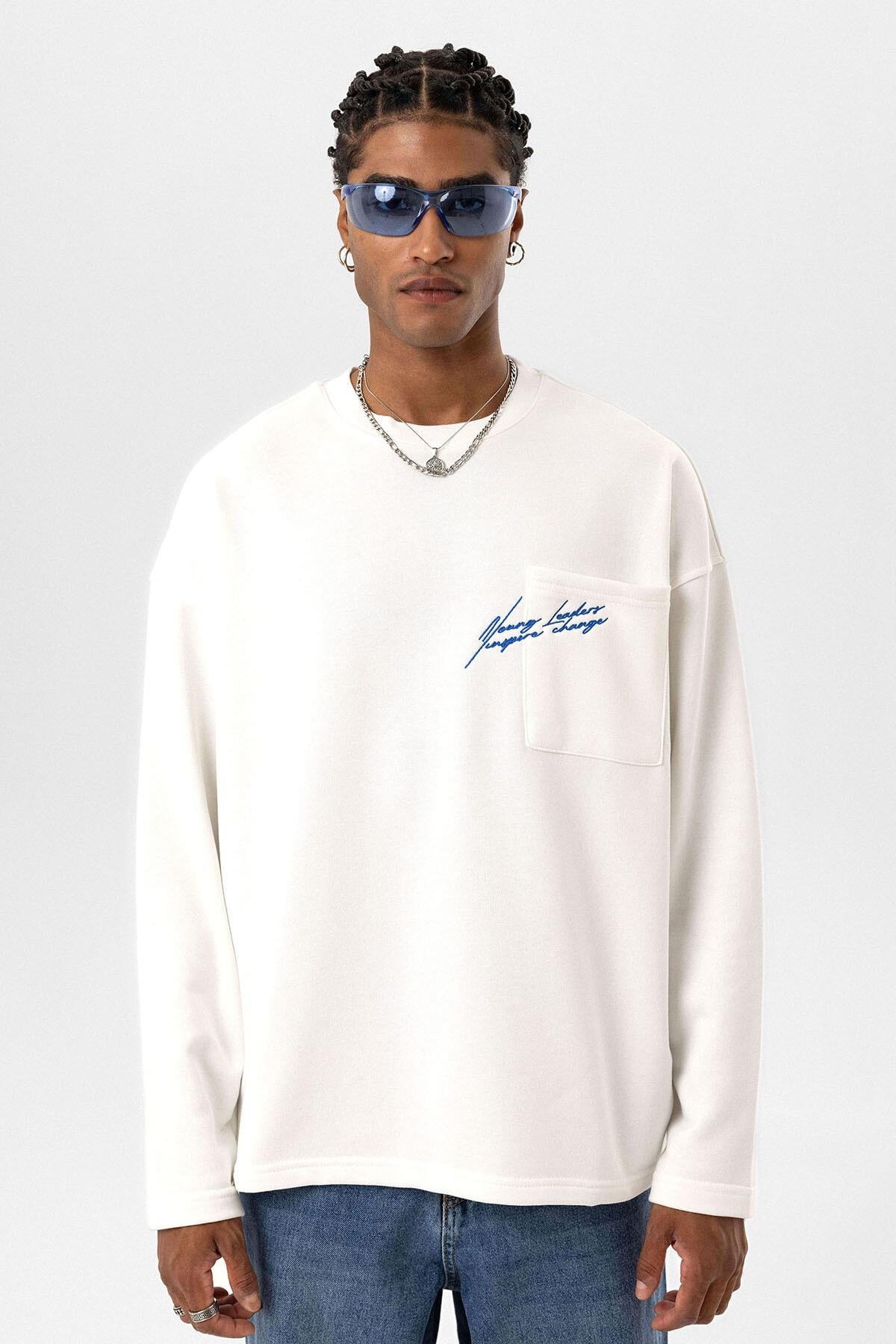 Cep Detaylı Oversize Sweatshirt Ekru