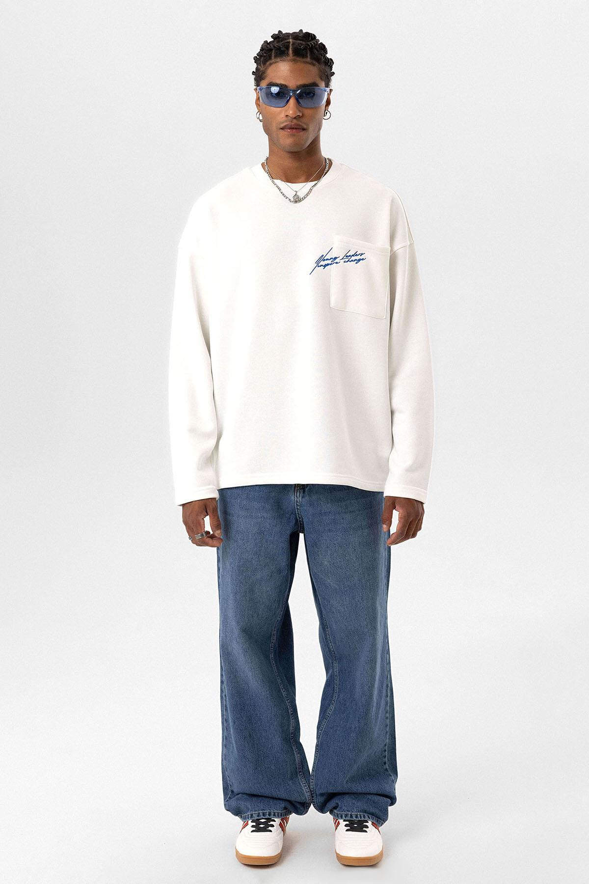 Cep Detaylı Oversize Sweatshirt Ekru